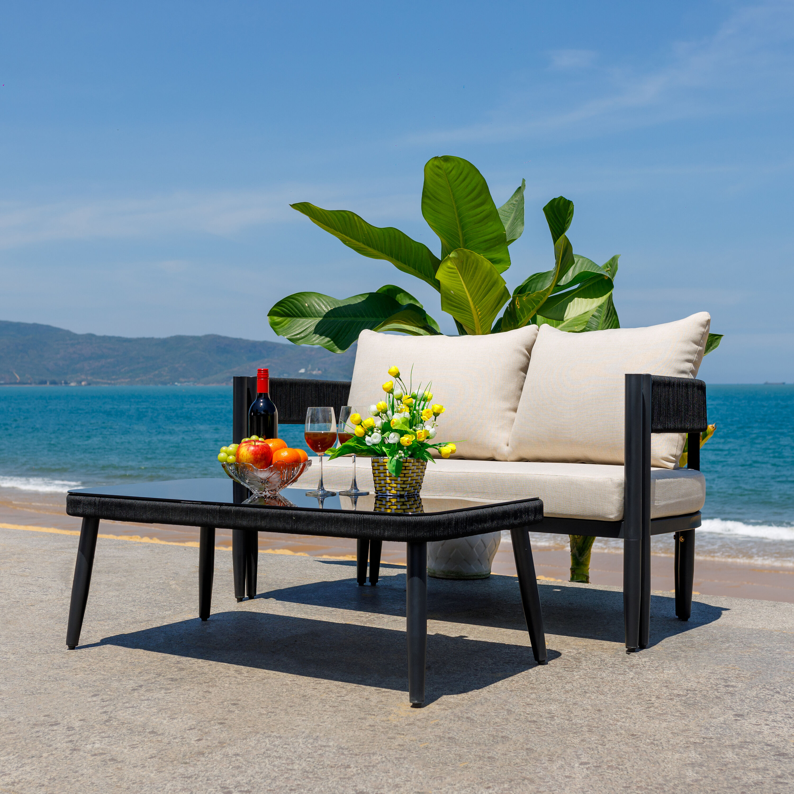 Safavieh  Outdoor Collection Viola Black and Taupe 2 Piece Bench and Glass Top Coffee Table
