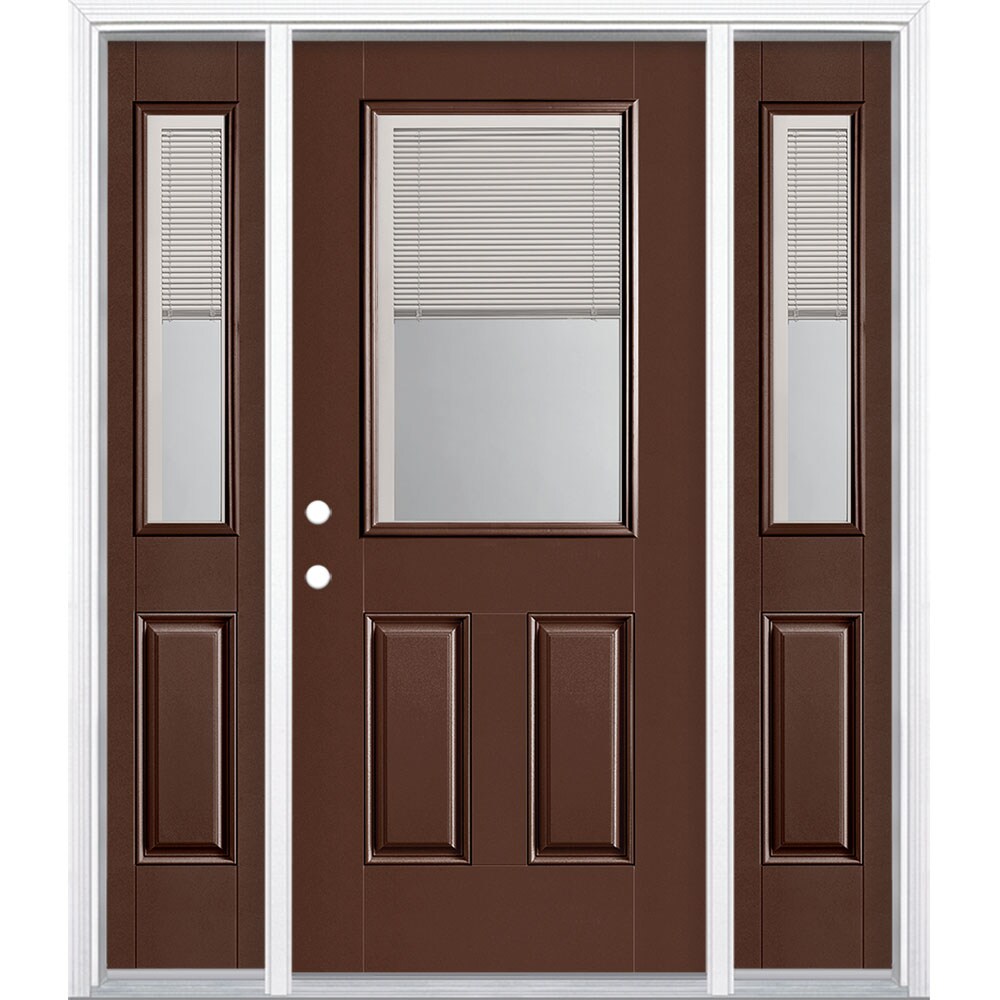 Masonite 1218504 60-in x 80-in x 4-9/16-in Fiberglass Half lite Right-hand inswing Chocolate Painted Prehung Front Door with Sidelights with Brickmould Insulating core with Blinds