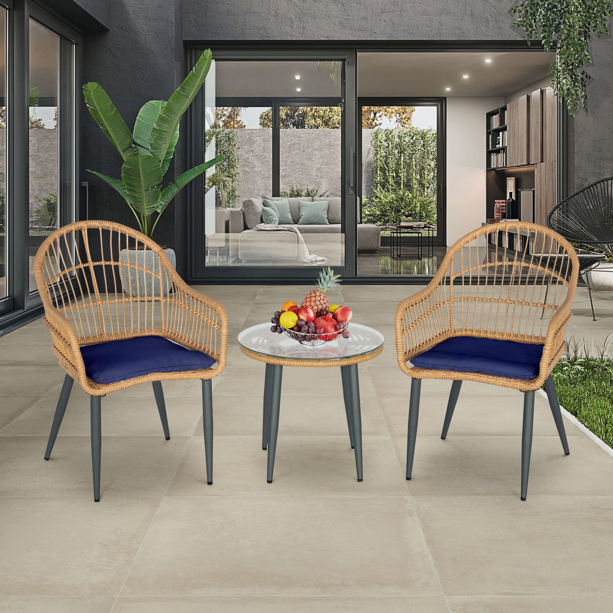 Grearden HZST001 3 -Piece Wicker Patio Conversation Set with Blue Cushions
