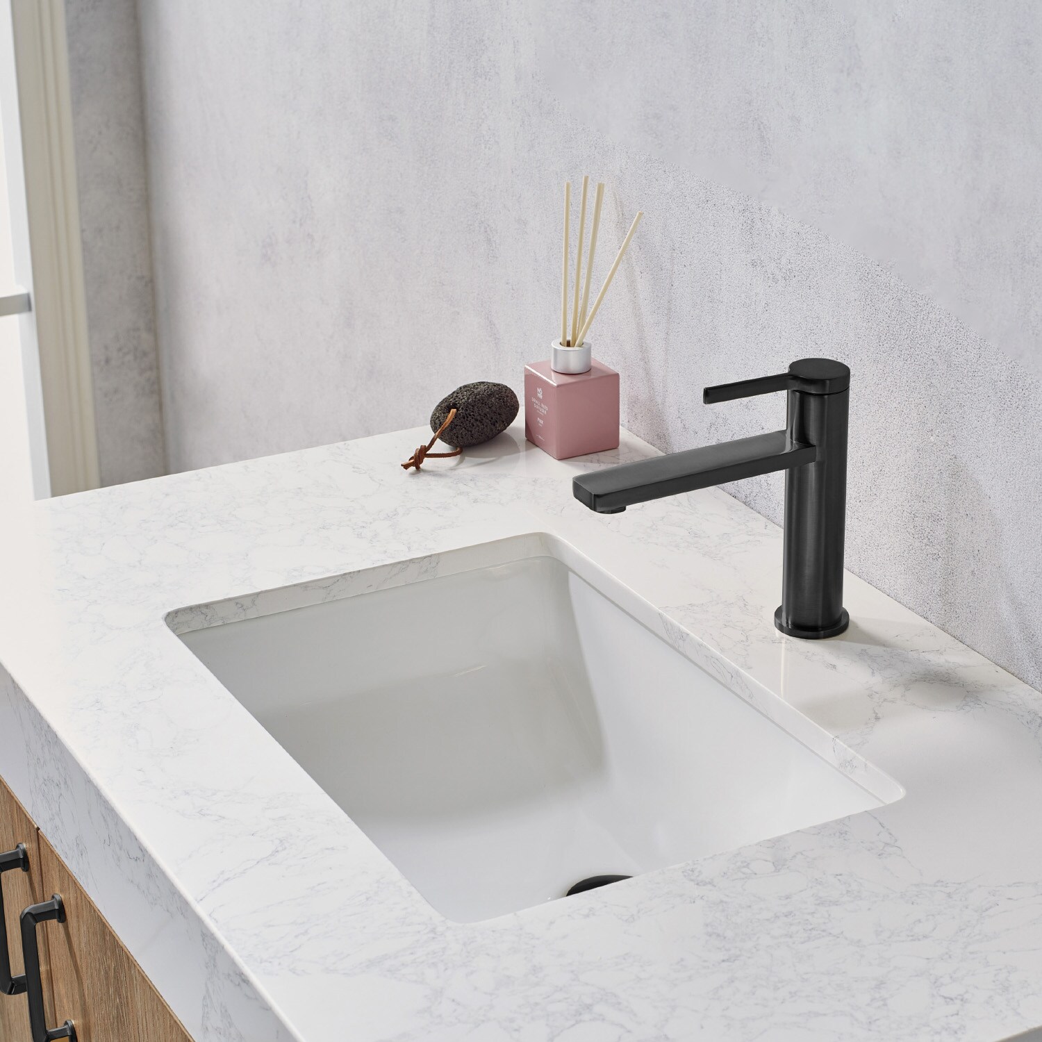 Alistair 36" Oak Single Vanity with White Stone Top and Matte Black Frame