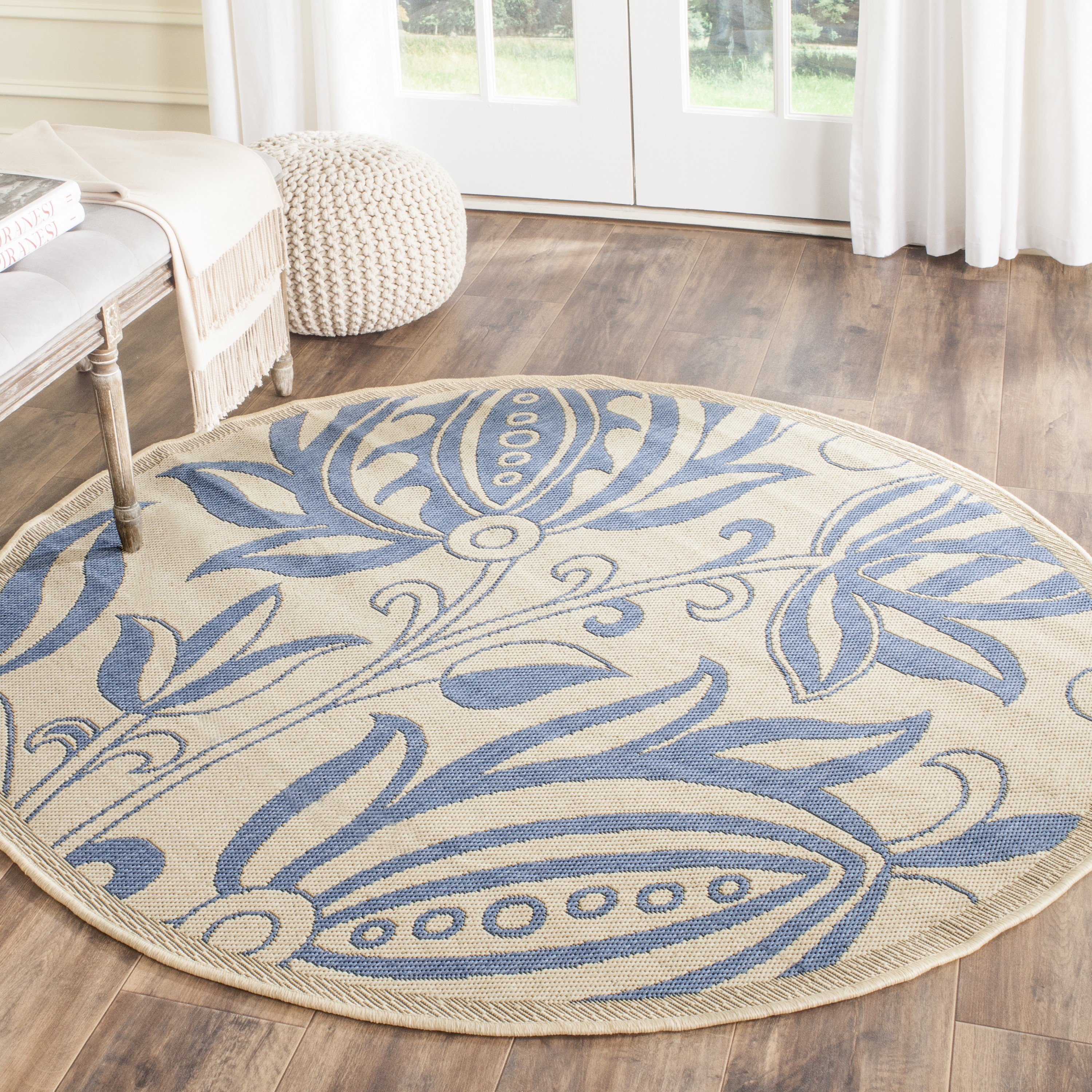 Safavieh CY2961-3101-5R Courtyard Blossums 5 x 5 (ft) Loomed Polypropylene Natural/Blue Round Indoor/Outdoor Floral/Botanical Coastal Area rug