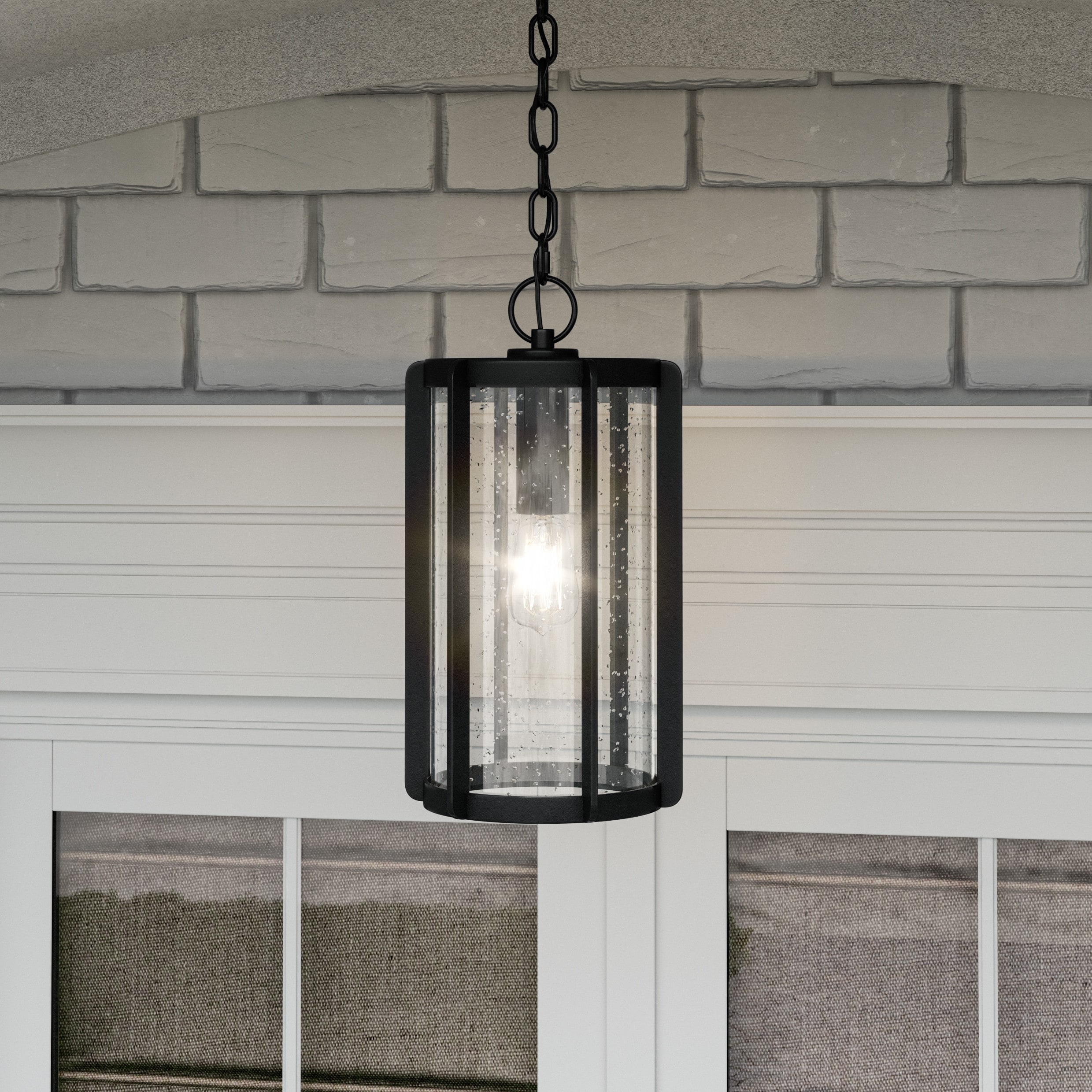 Quoizel Hazel Earth Black Transitional Seeded Glass Lantern Medium Outdoor Hanging Pendant Light