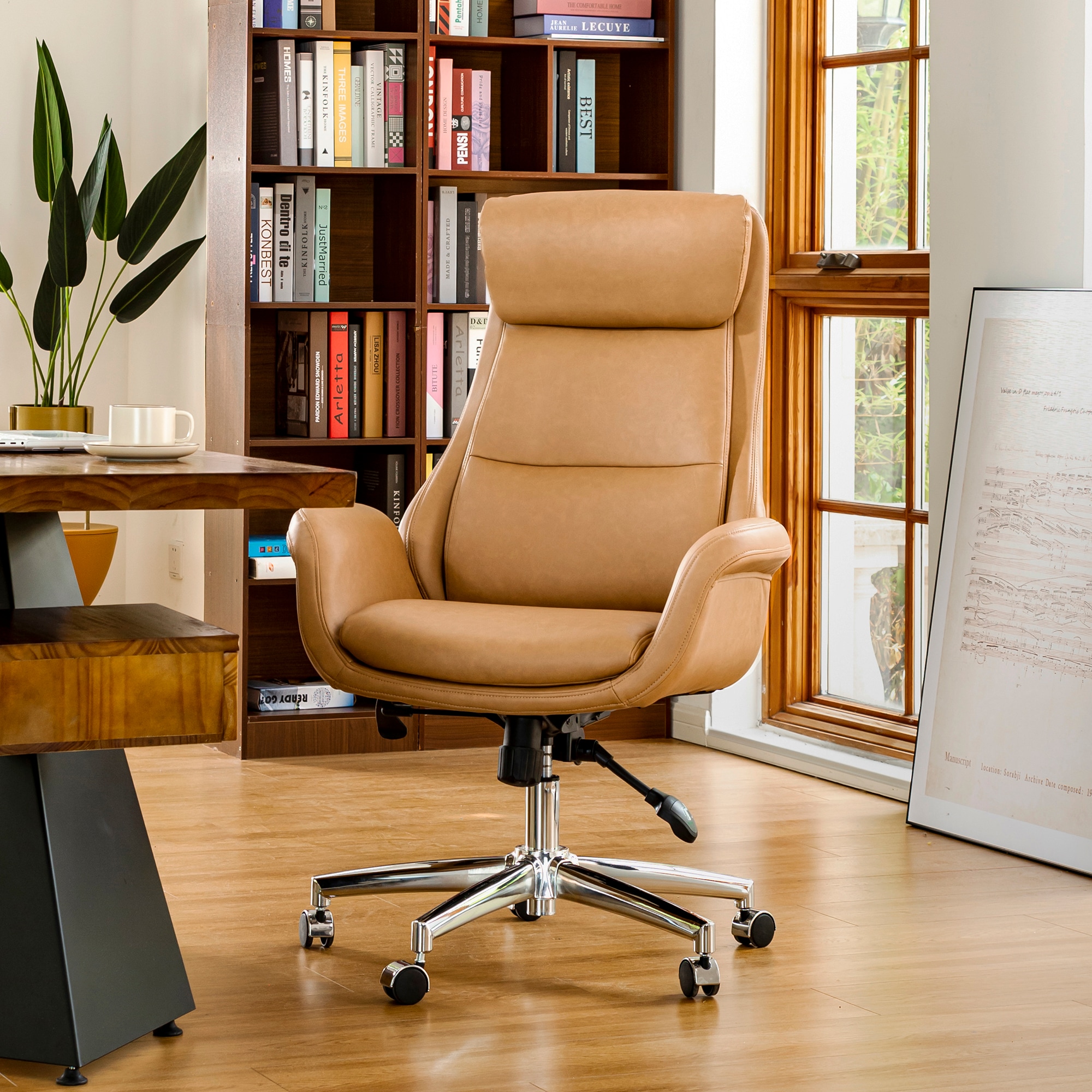 Glitzhome Midcentury Camel Traditional Ergonomic Adjustable Height Swivel  Faux Leather Executive Chair in the Office Chairs department at 