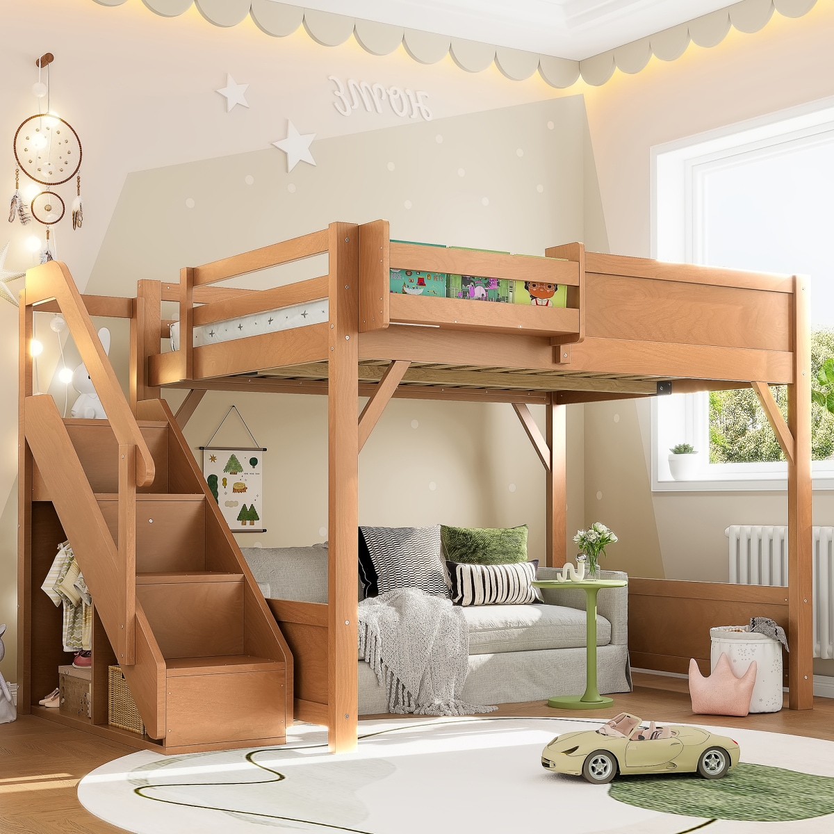 CHITA Full Size Modern Wood Loft Bed with Built In Wardrobe Storage Stairs Guardrails No Box Spring Needed Deep Natural
