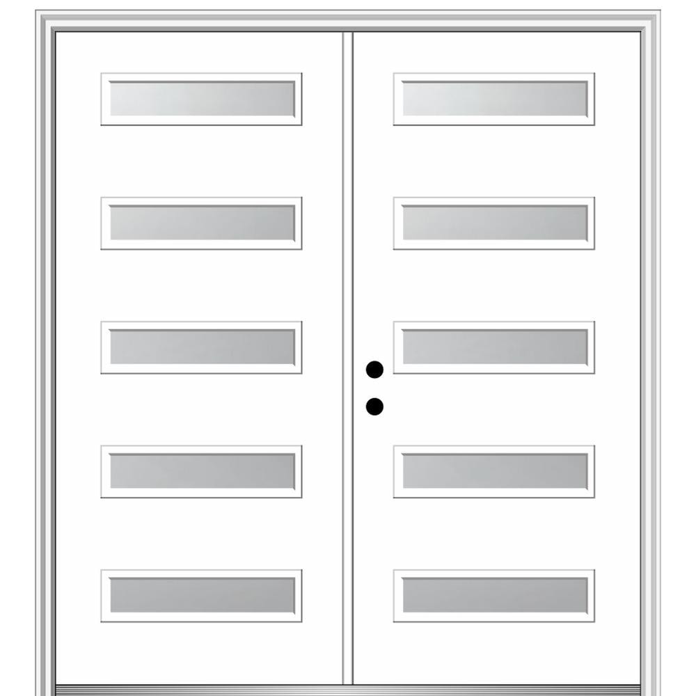 MMI DOOR ZZ350496R Spotlights 64-in x 80-in x 6-9/16-in Fiberglass Pulse lite Right-hand inswing Brilliant White Painted Prehung Double Front Door with Brickmould Insulating core