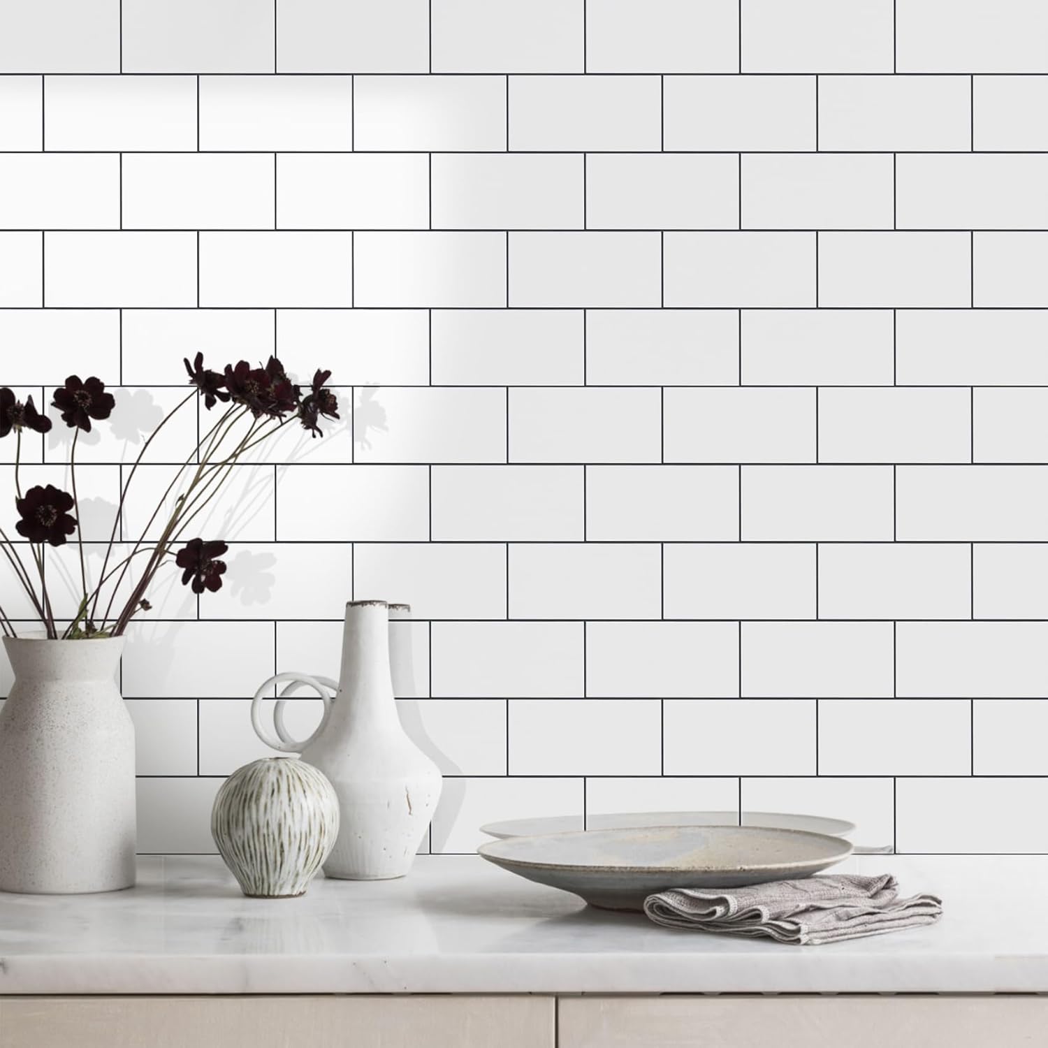 STICKGOO Tile 100 Piece 3x6 Inch Glossy Pure White PVC Subway Tile Dark ...