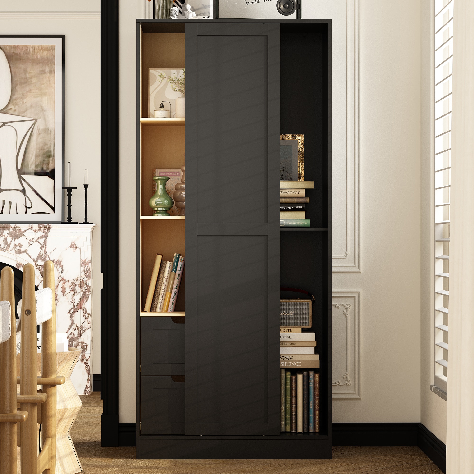 FUFU&GAGA KF210258-01 Bookcase Black Composite 3 -Shelf Bookcase with Doors ( 31.5-in W x 70.9-in H x 15.7-in D ) Finished
