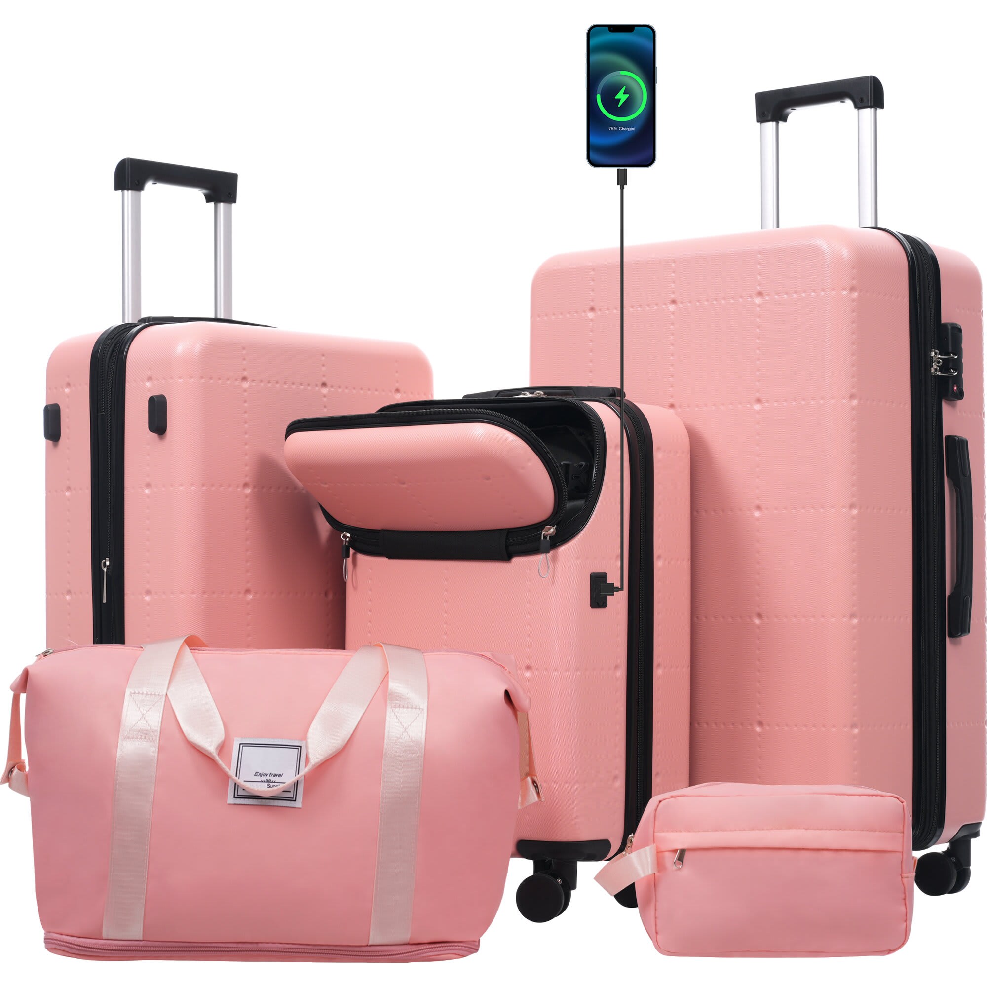 Etokfoks  5 Piece Hardside Luggage Set 20 in Carry On with USB Port Expandable 24 in 28 in Suitcases Double Spinner Wheels TSA Lock Duffel Toiletry Bags