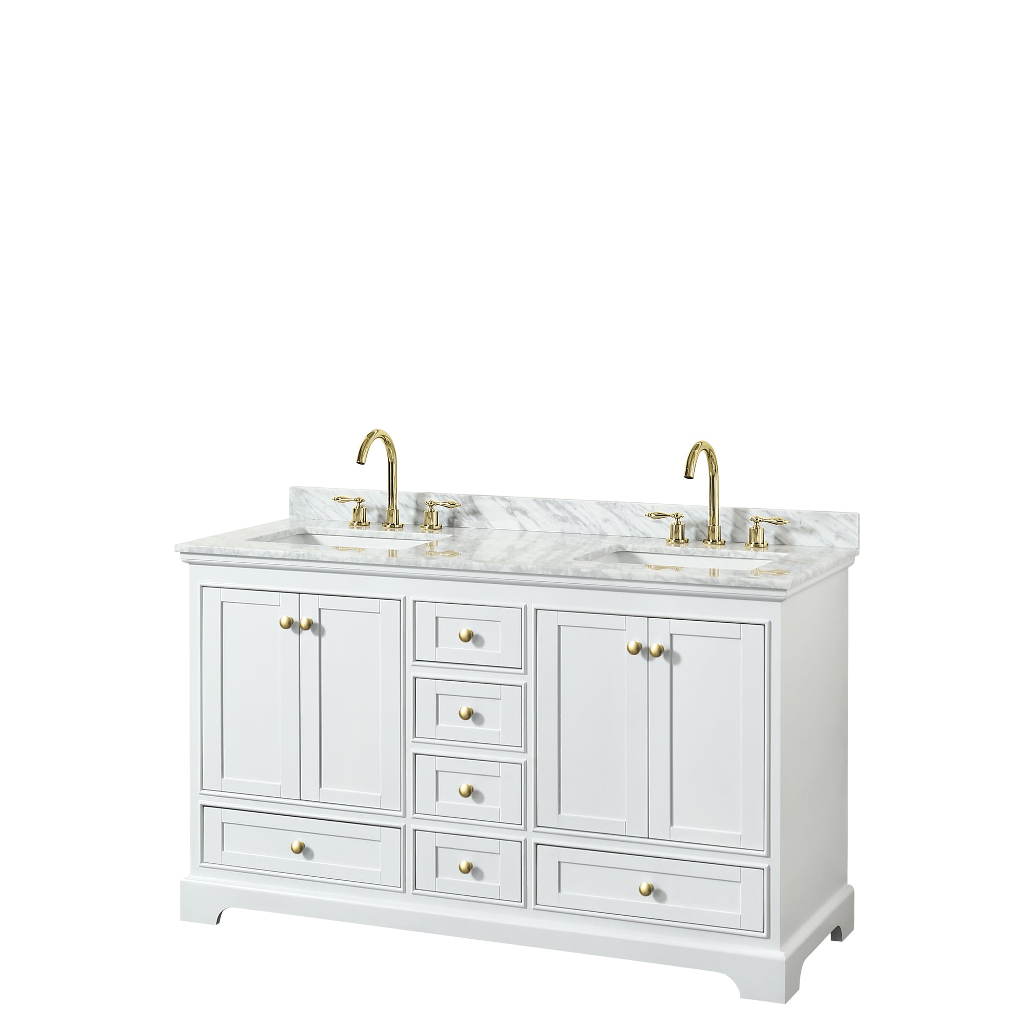 Wyndham Collection WCS202060DWGCMUNSMXX Deborah 60-in White with Brushed Gold Trim Undermount Double sink Bathroom Vanity with White Carrara Marble Marble Top