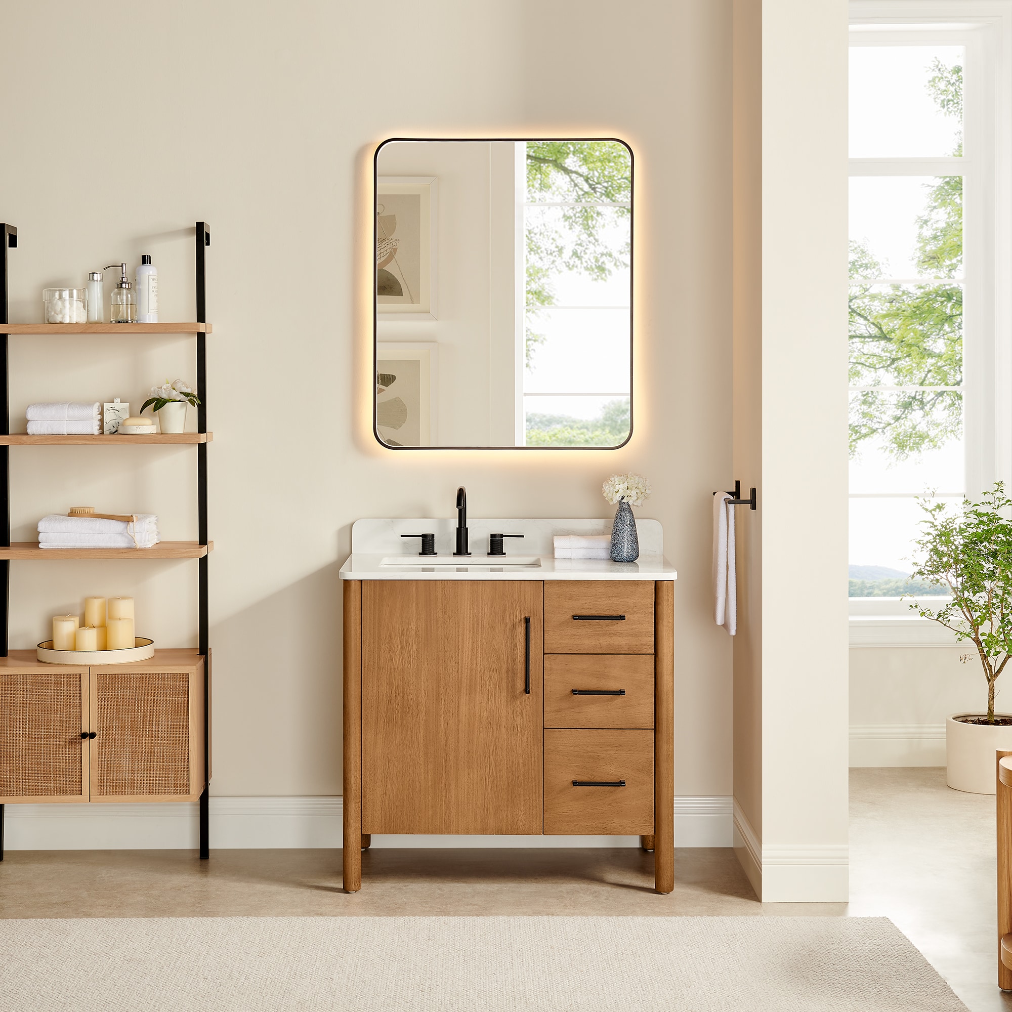 Altair 578036-MB-GW Velora 36-in Mango Brown Undermount Single Sink Bathroom Vanity with Grain White Engineered Stone Top (Mirror Included)