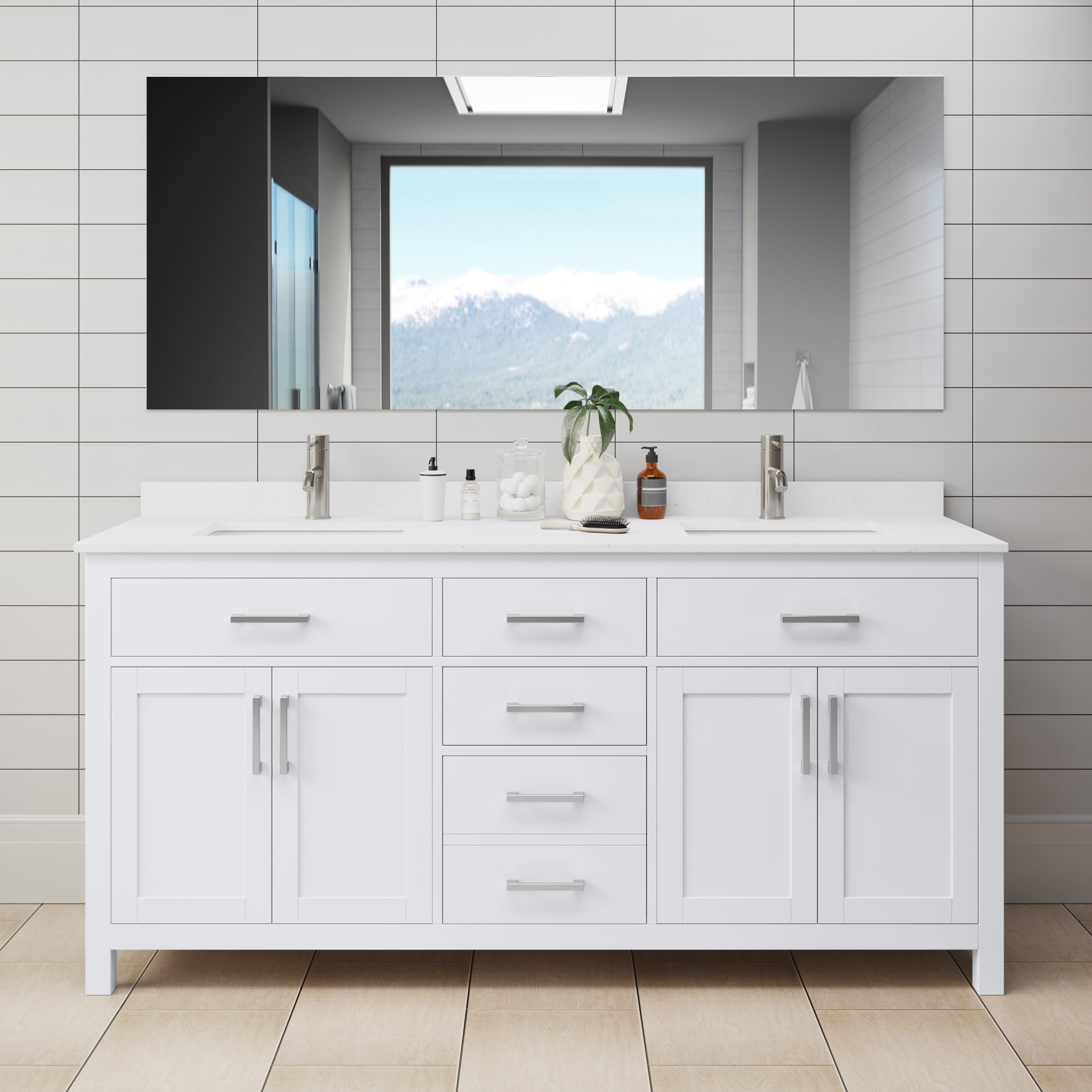 Wyndham Collection WCG242472DWHWCUNSMXX Beckett 72-in White with Brushed Nickel Trim Undermount Double sink Bathroom Vanity with White Cultured Marble Cultured marble Top