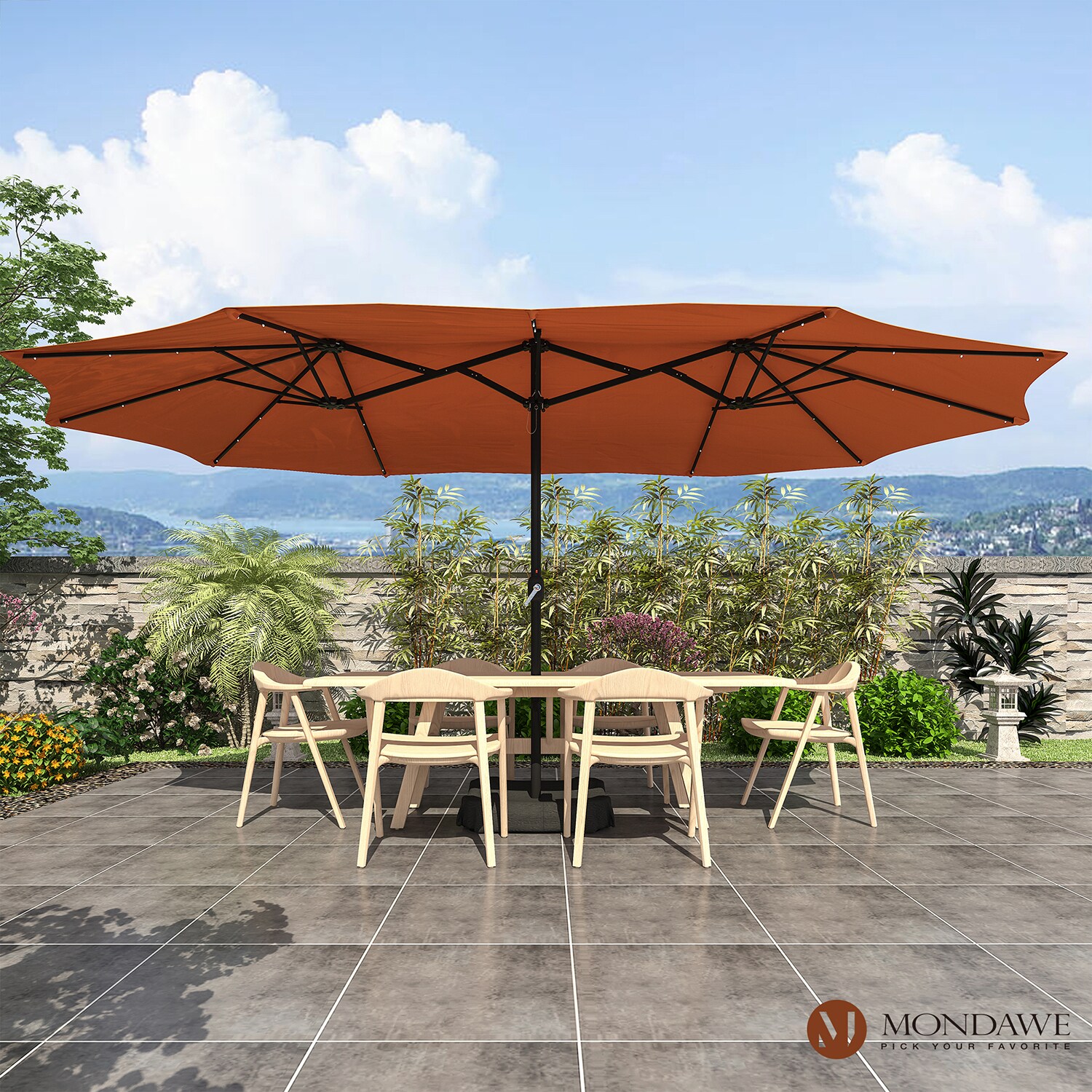 Mondawe OR97-HY 15-ft Steel Orange Garden Patio Umbrella with Lights with Base