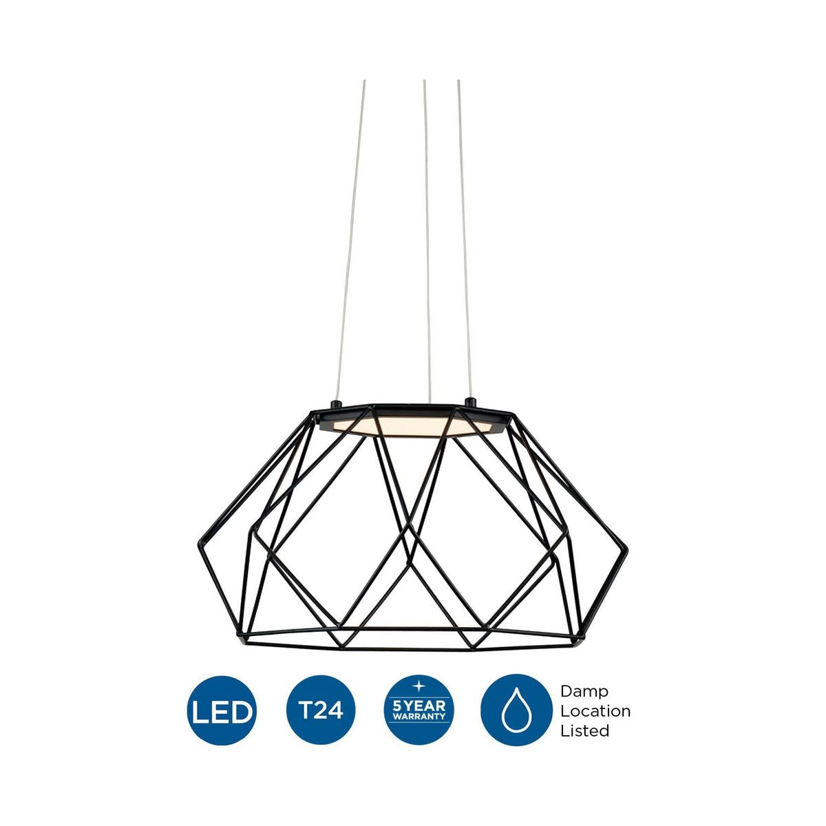 Matte Black Modern Geodesic LED Pendant with Open Diamond Frame