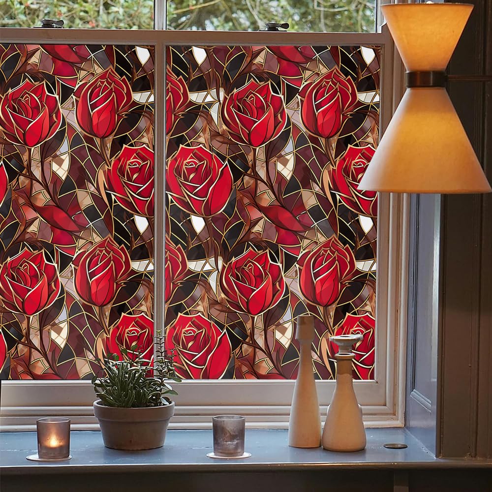 Yichuhaoxi Modern Gold Red Rose Flowers Stained Glass Window Film ...