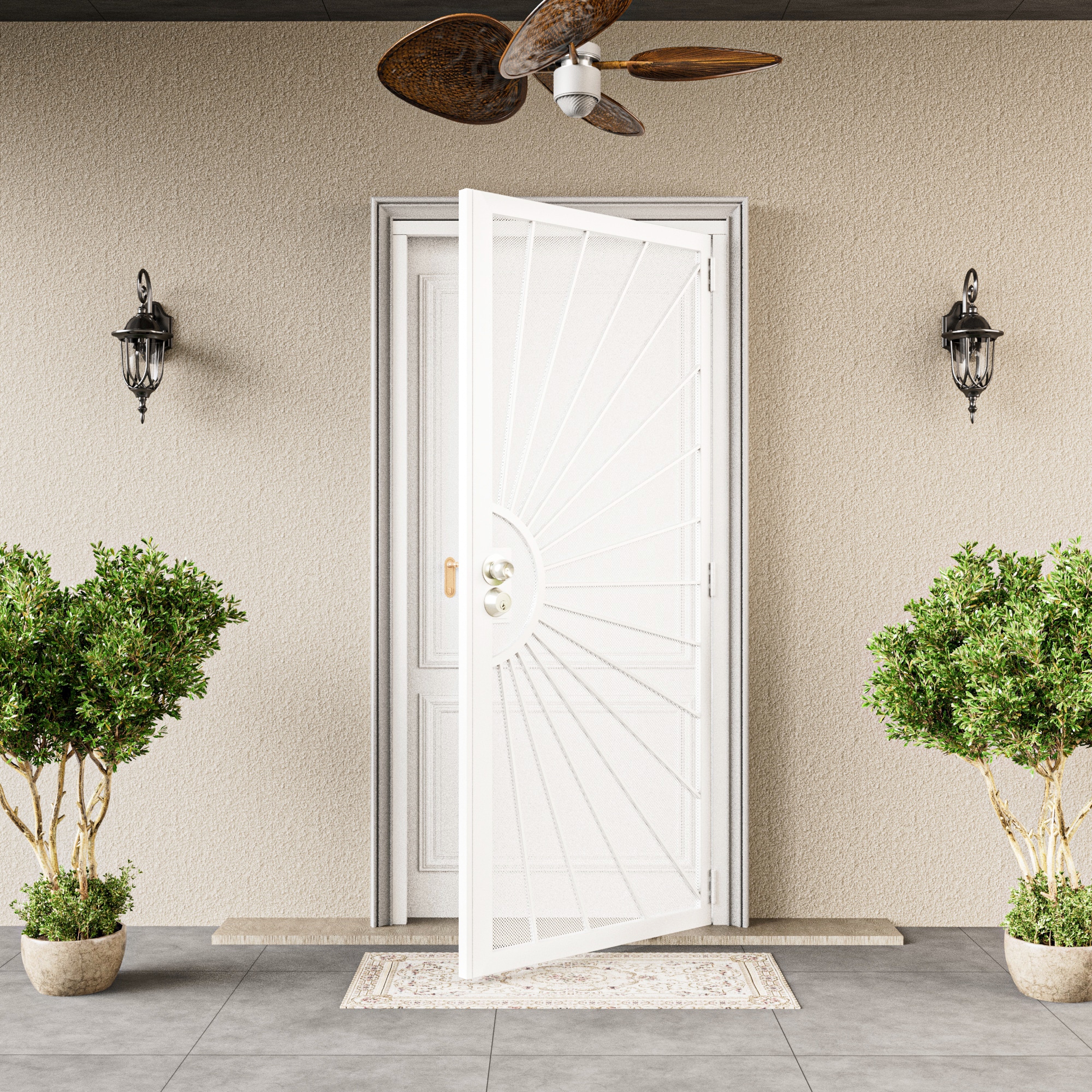 JUJUBON EX-SECDSD-WTTY-36 Security door 36-in x 80-in White Steel Recessed or surface mount Universal/Reversible Security Door with White Screen and No bore