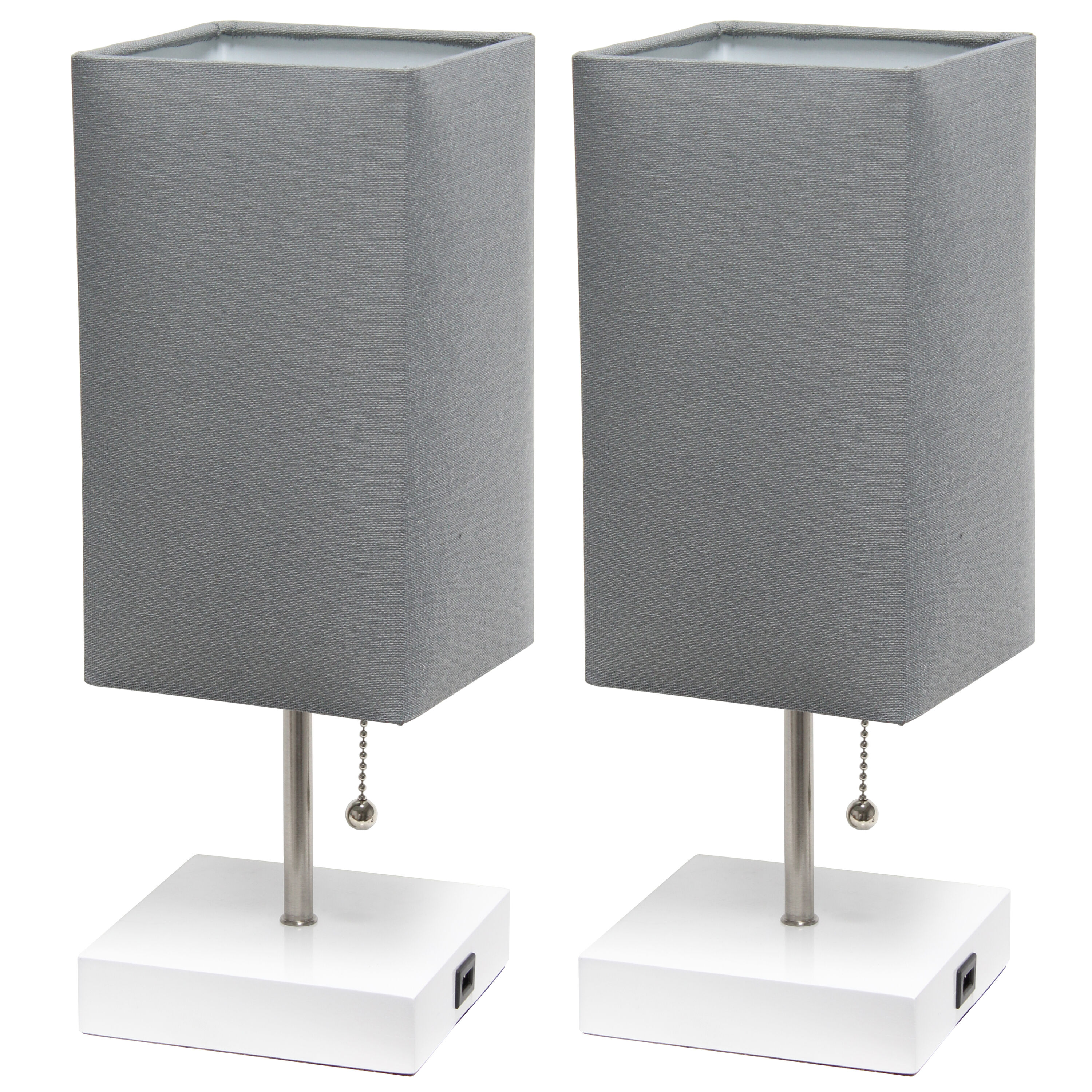 Simple Designs LC7001-GOW 14.25-in Grey Shade/White Base LED Pull-chain Table Lamp with Fabric Shade 2 -Set