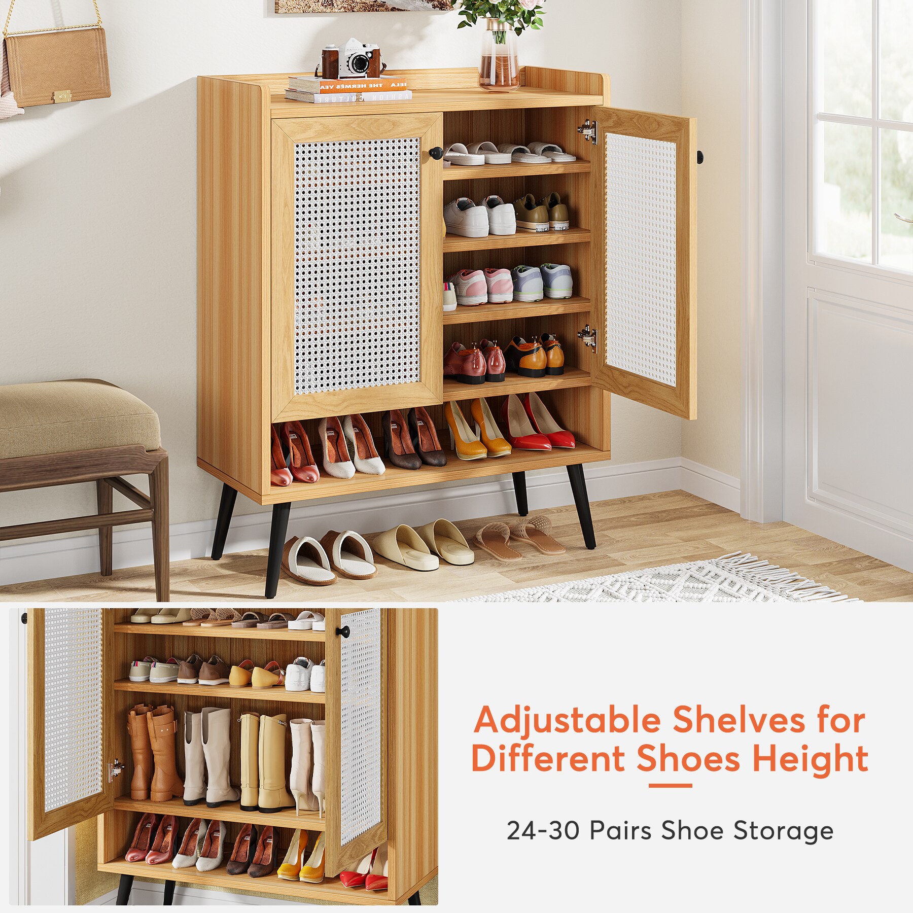 Tribesigns Rattan Shoe Storage Cabinet with Doors & Open Shelves