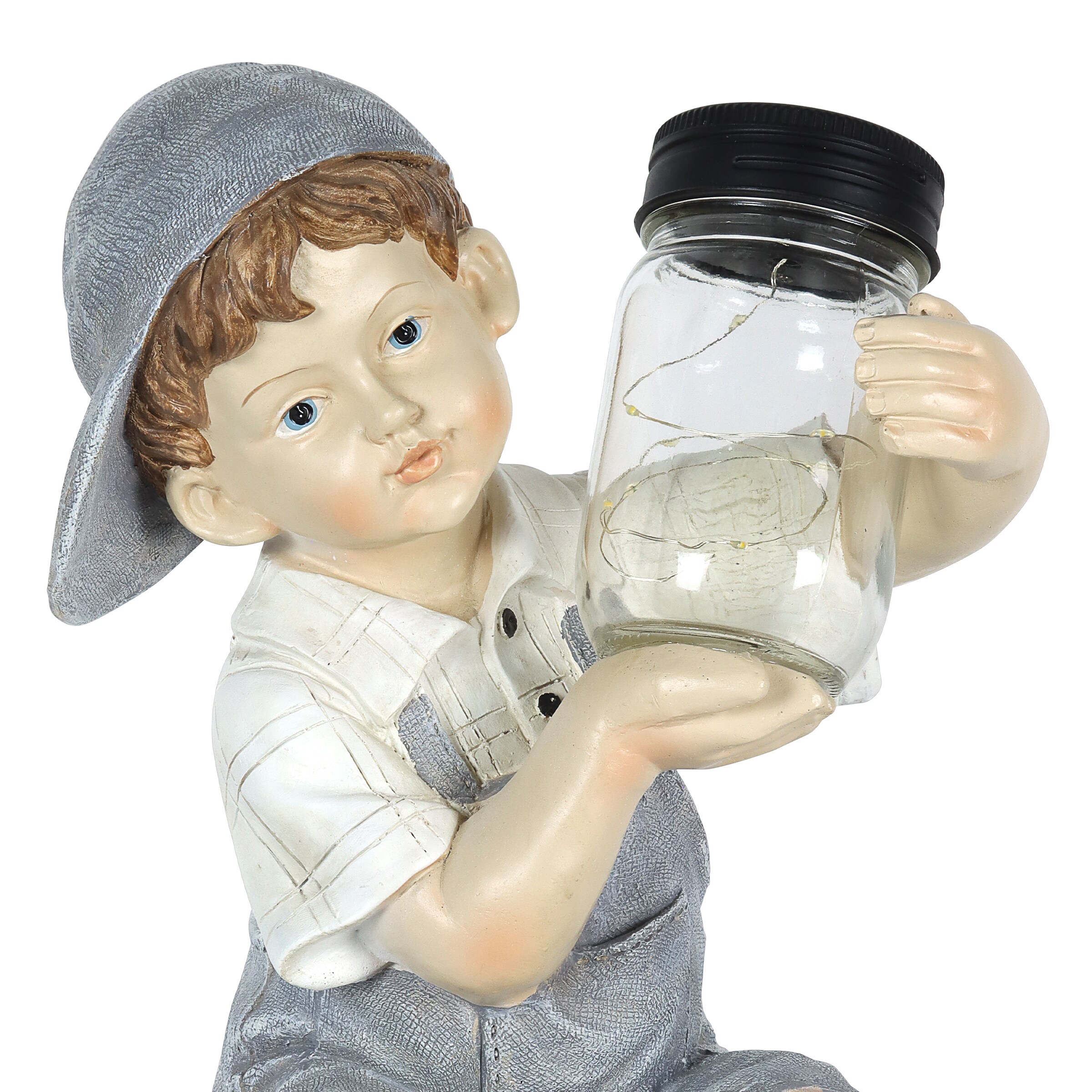 Exhart Solar Boy Holding a LED Firefly Jar, 18 Inches Tall with Multi Color