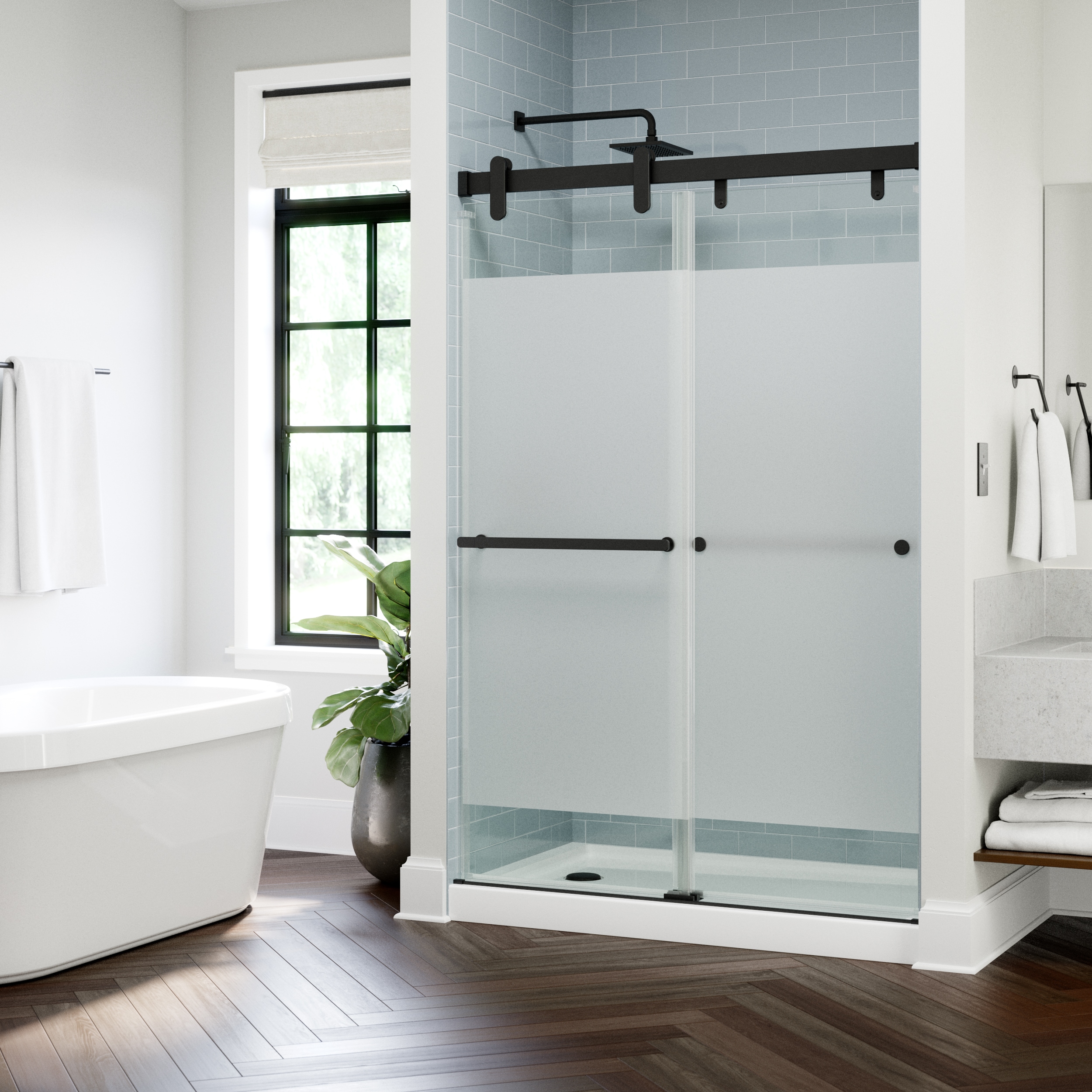 Delta SD7909822 Cabot Matte Black 37-in to 38-1/4-in W x 72.5197-in H Frameless Sliding Shower Door 5/16-in Thick Frosted Glass