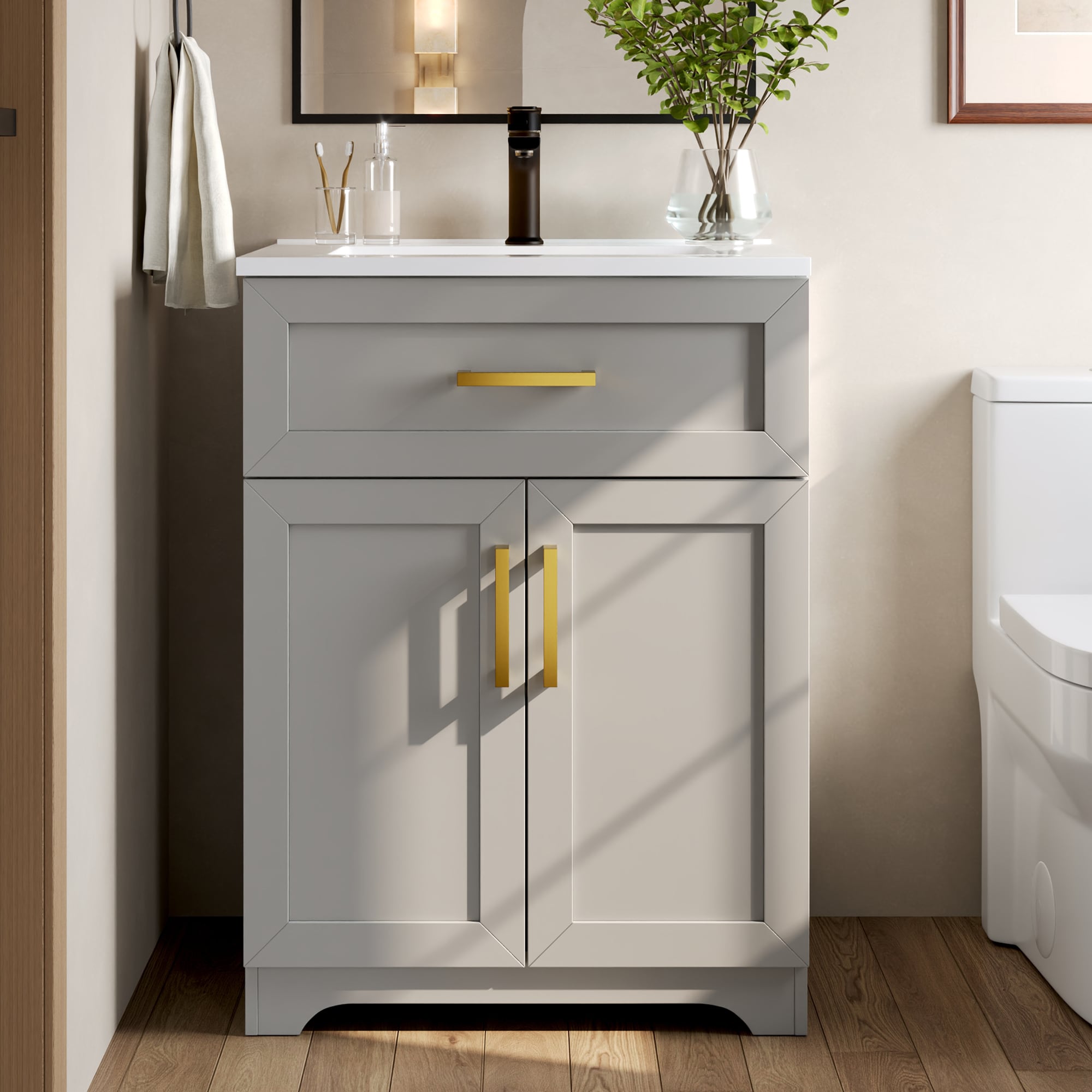 DeerValley 25-in Grey Single Sink Bathroom Vanity with White Polymarble Top