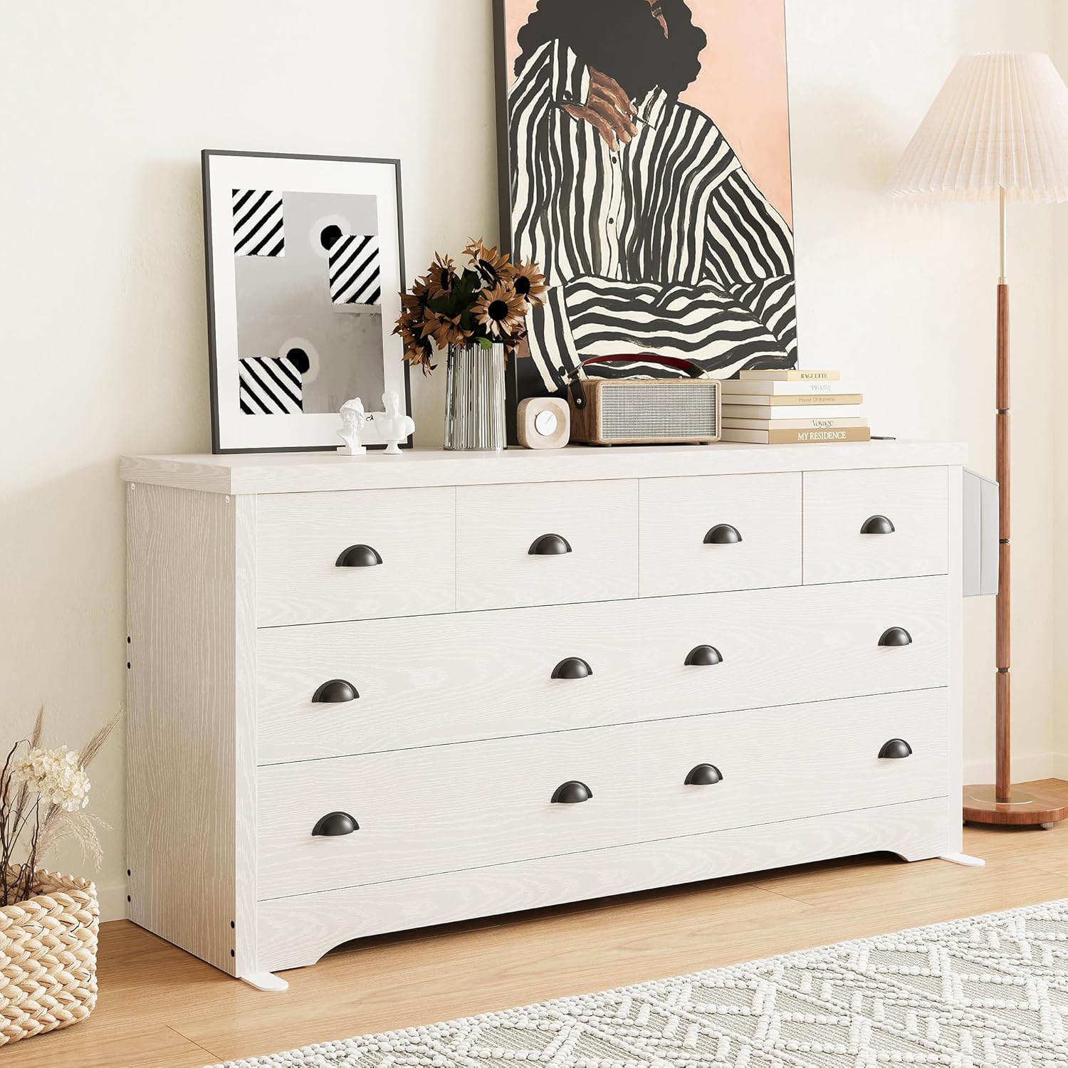 Likimio 98Y6DNMX4AA1OC0T 59.1-in W White 8 Drawer Dresser with Charging Station and Storage Bag