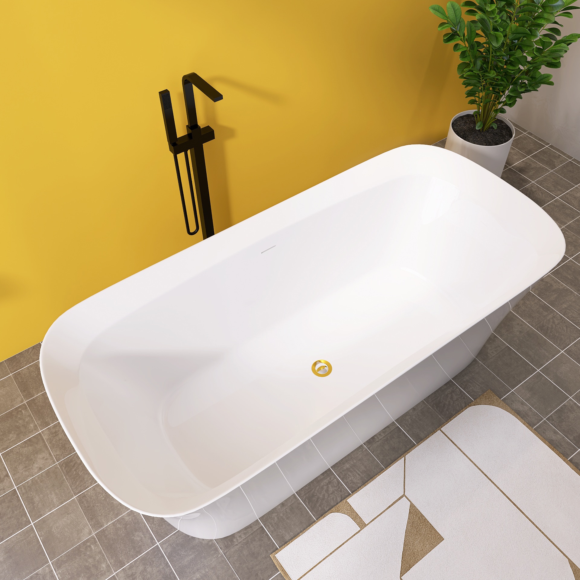 WELLFOR QBT-P342-W67EG 67-in x 30.7-in Glossy White Acrylic Rectangular Freestanding Soaking Bathtub with Drain ( Center Drain )