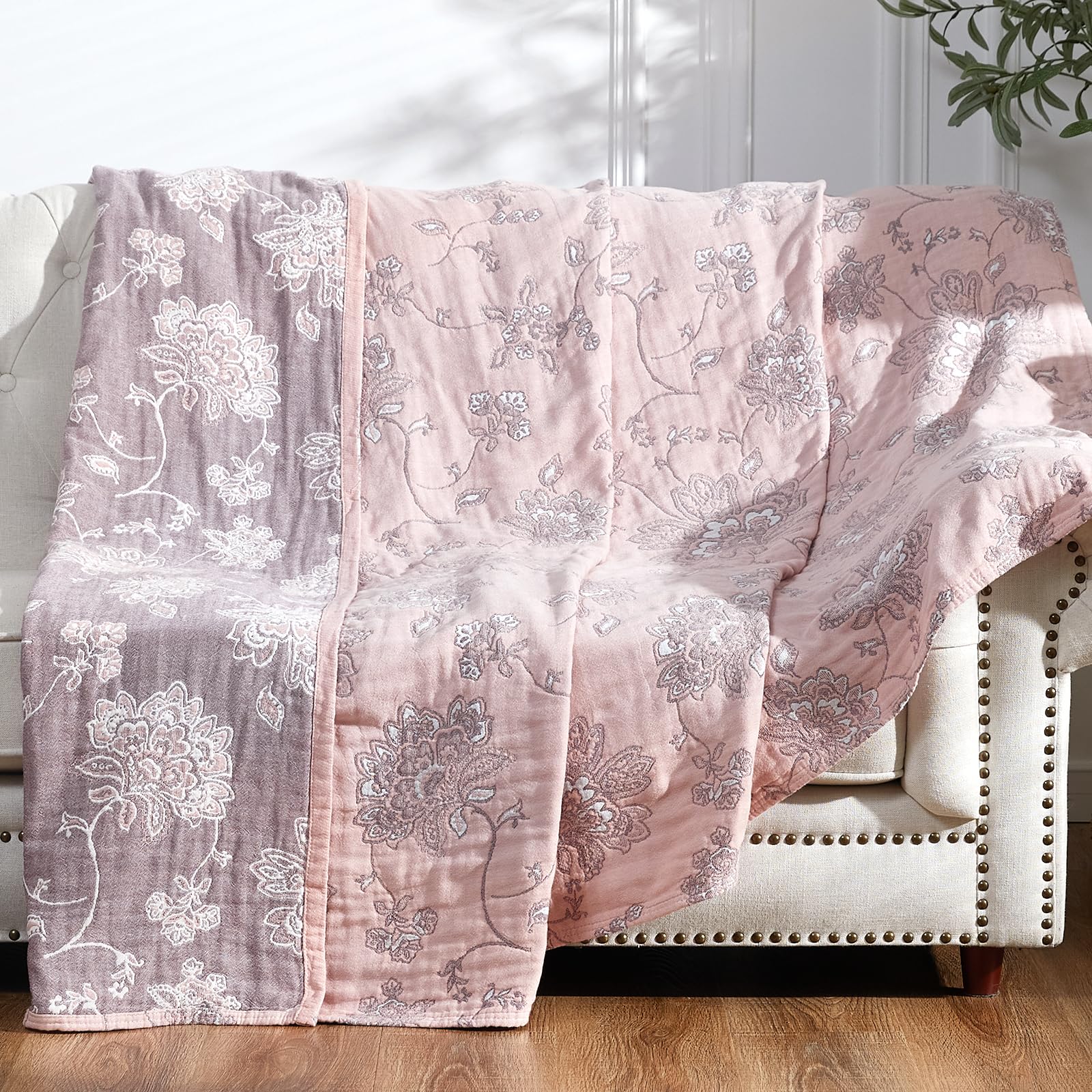 PIGFDK Floral Pink Red 50x60in Boho 4-Layer Cotton Blanket Throw With Tassel Soft Luxury Rustic Farmhouse Decor For Couch Bed All Season Gift