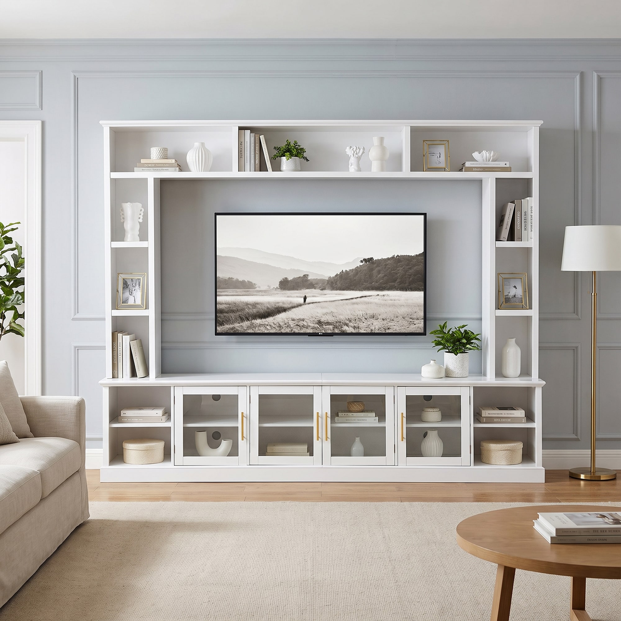 Homy Casa 95.1-in W TV Stand Wall Unit Entertainment Center for TVs up to 80-in with Bookcases Glass Doors and Adjustable Shelves White