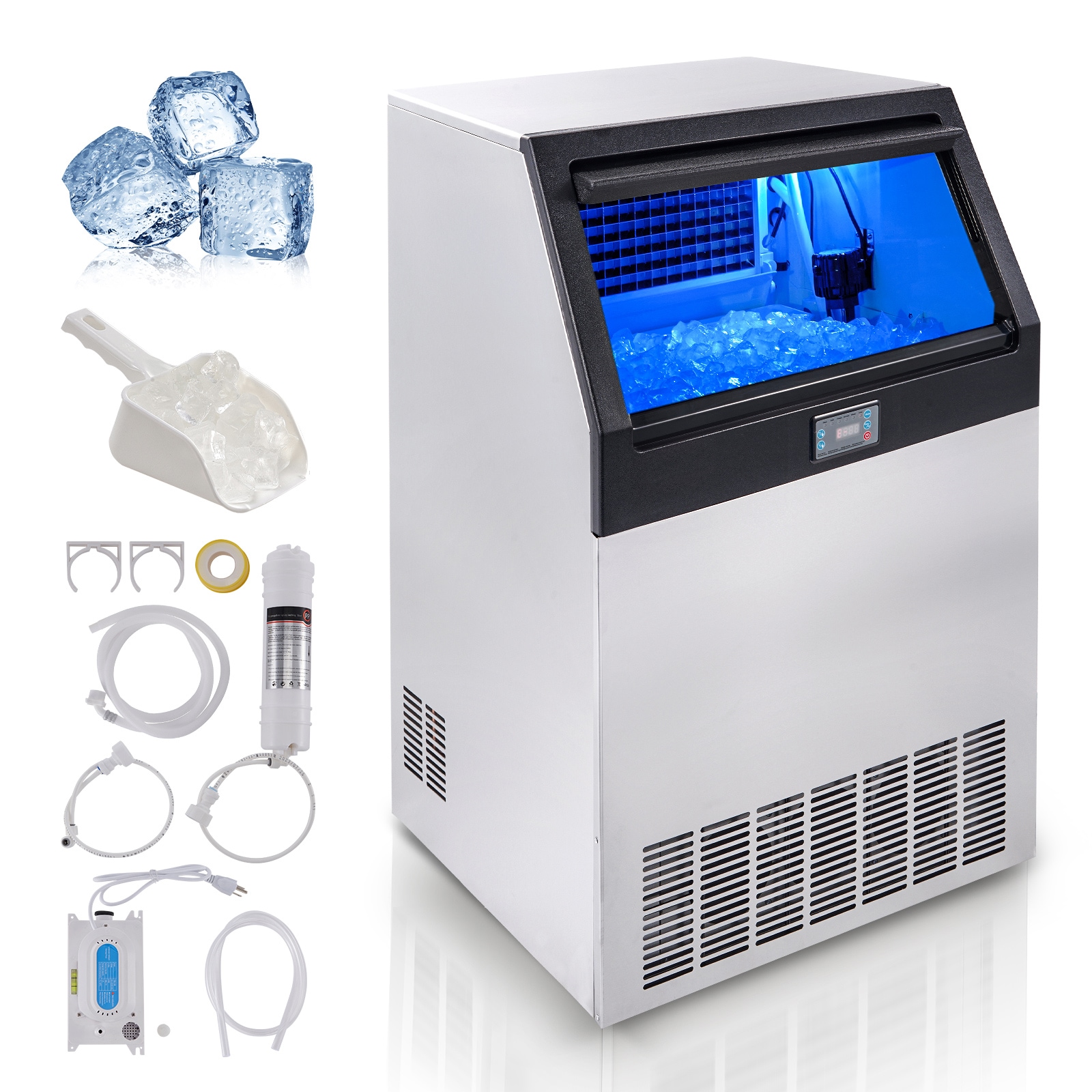 VEVOR SCSYYTSFBZBJ07313V1 Commercial Ice Maker 265lbs/24H Ice Maker Machine 126 Ice Cubes in 12-15 Minutes Freestanding Cabinet Ice Maker with 88lbs Storage Capacity LED Digital Display for Home Office Restaurant