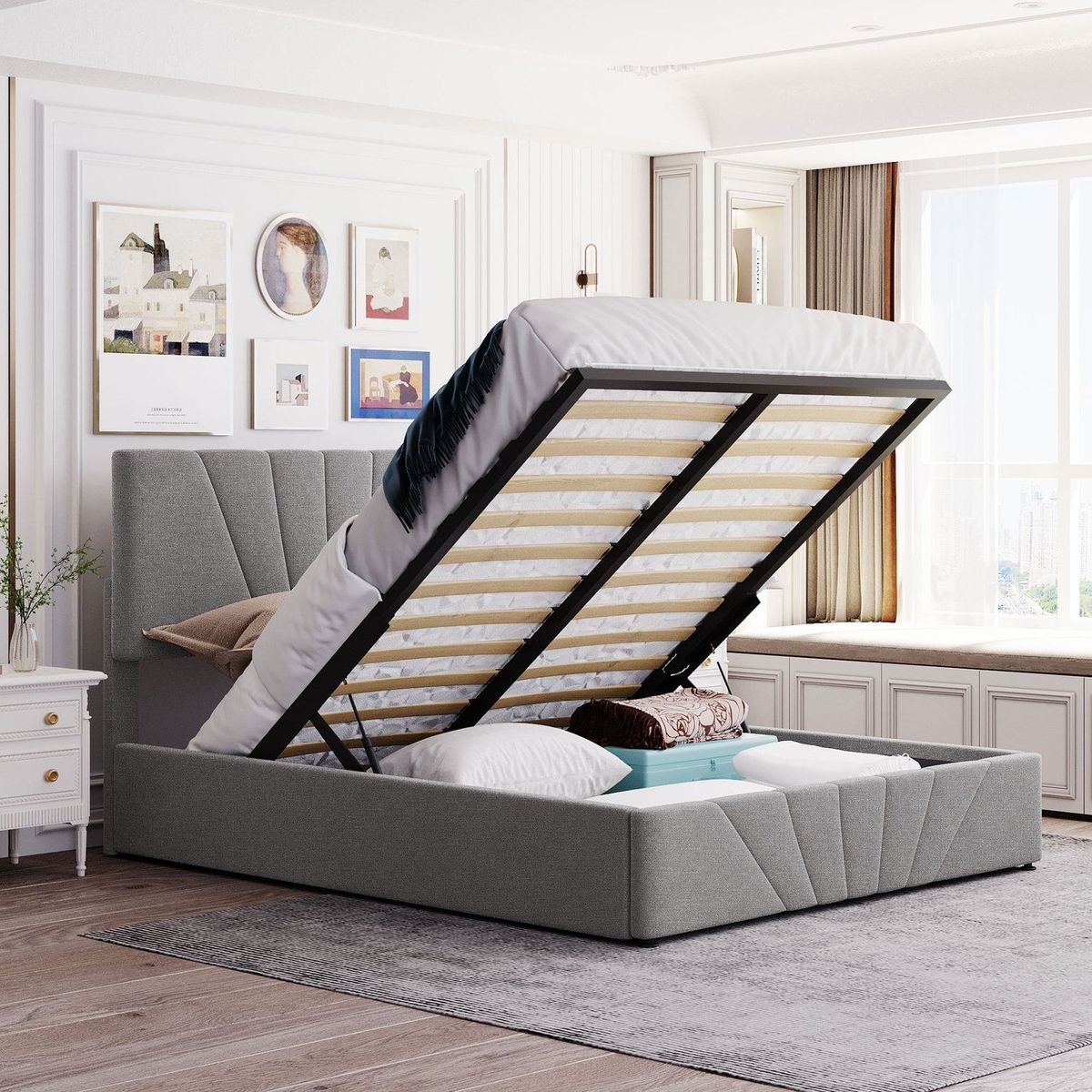 JASMODER LP000411AAE Gray Queen Composite Platform Bed with Storage
