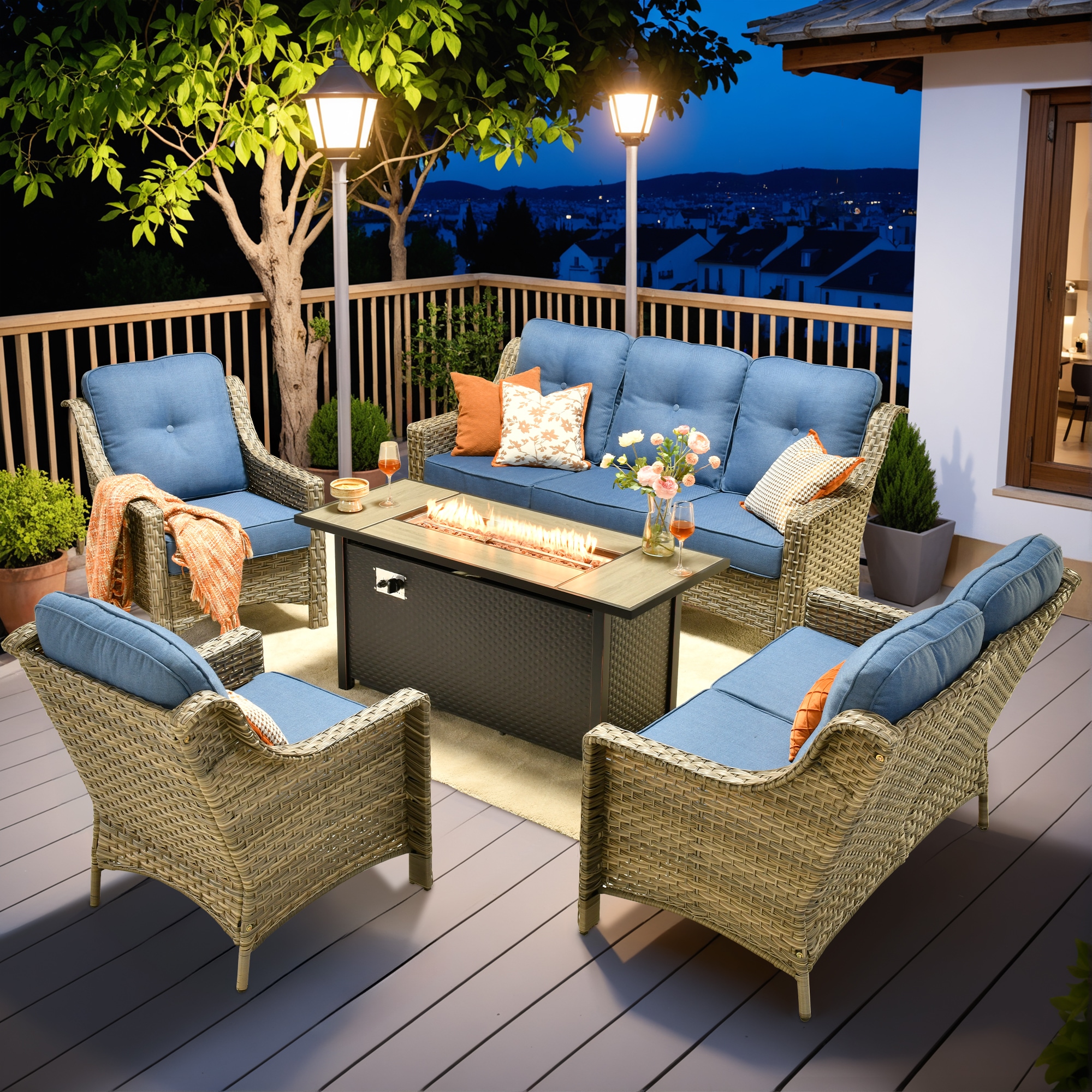 Pouuin SDFPPAD504 5 -Piece Wicker Patio Sofa Conversation Set with Light Blue Cushions