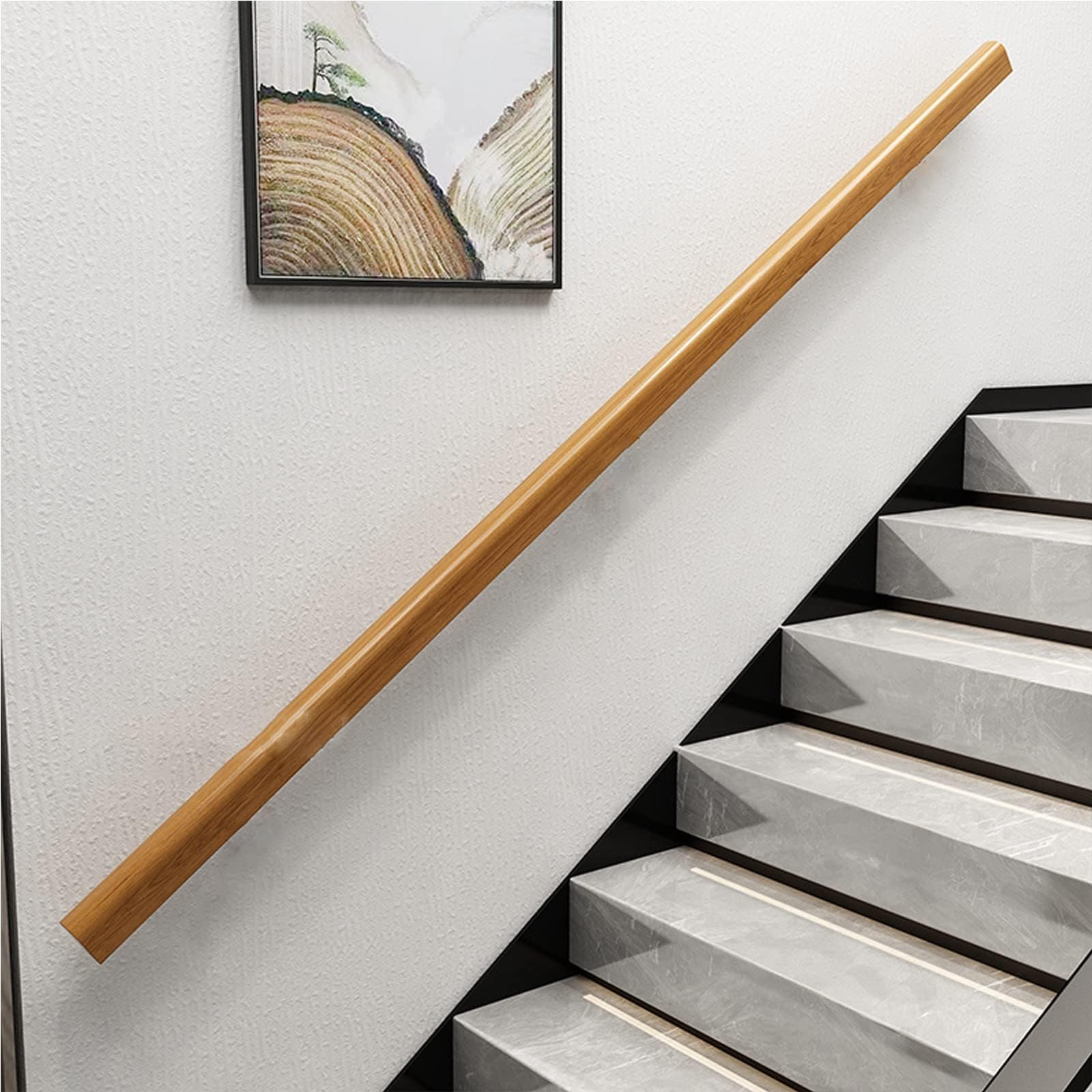Aoibox  Pine Wood Stair Handrail Kit 1 Piece 1 to 9 ft Length 1.9 in Diameter Wall Mount Indoor Safety Rail with Black Metal Brackets Supports 550 lbs for Stairs Corridors Lofts