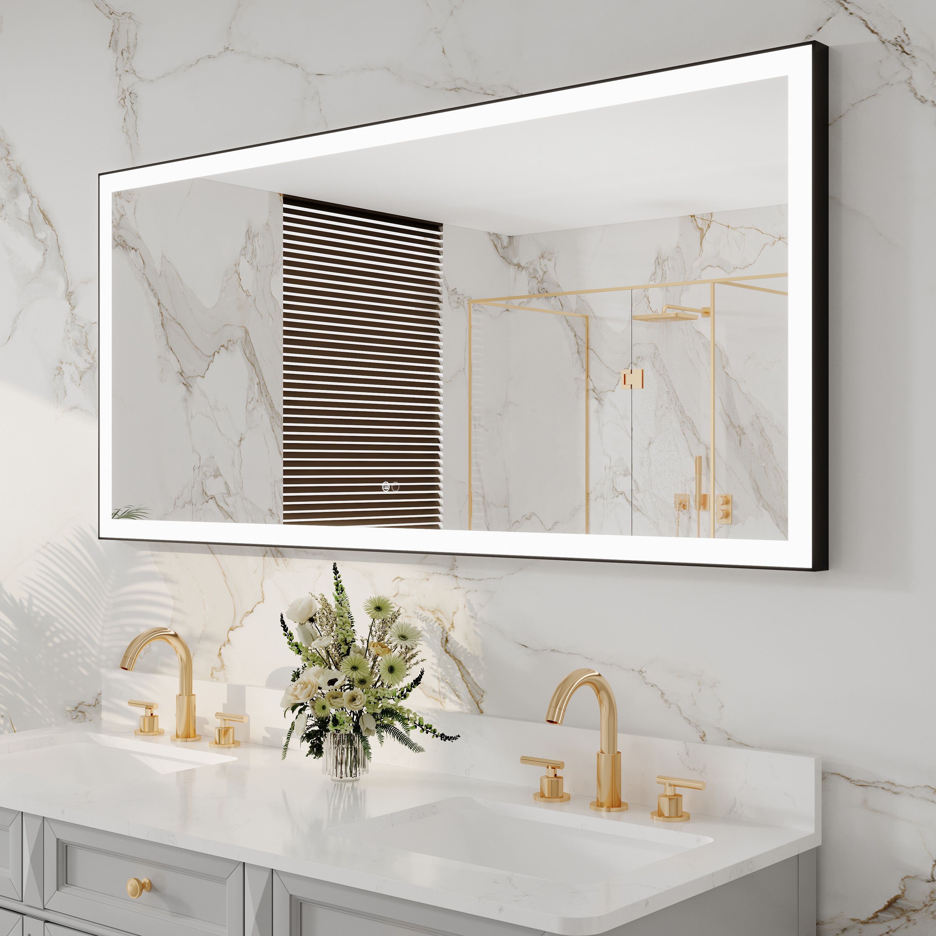 ANGELES HOME  60-in x 28-in Framed Rectangle Aluminum Dimmable LED Bathroom Mirror With Fog Free (Matte Black)
