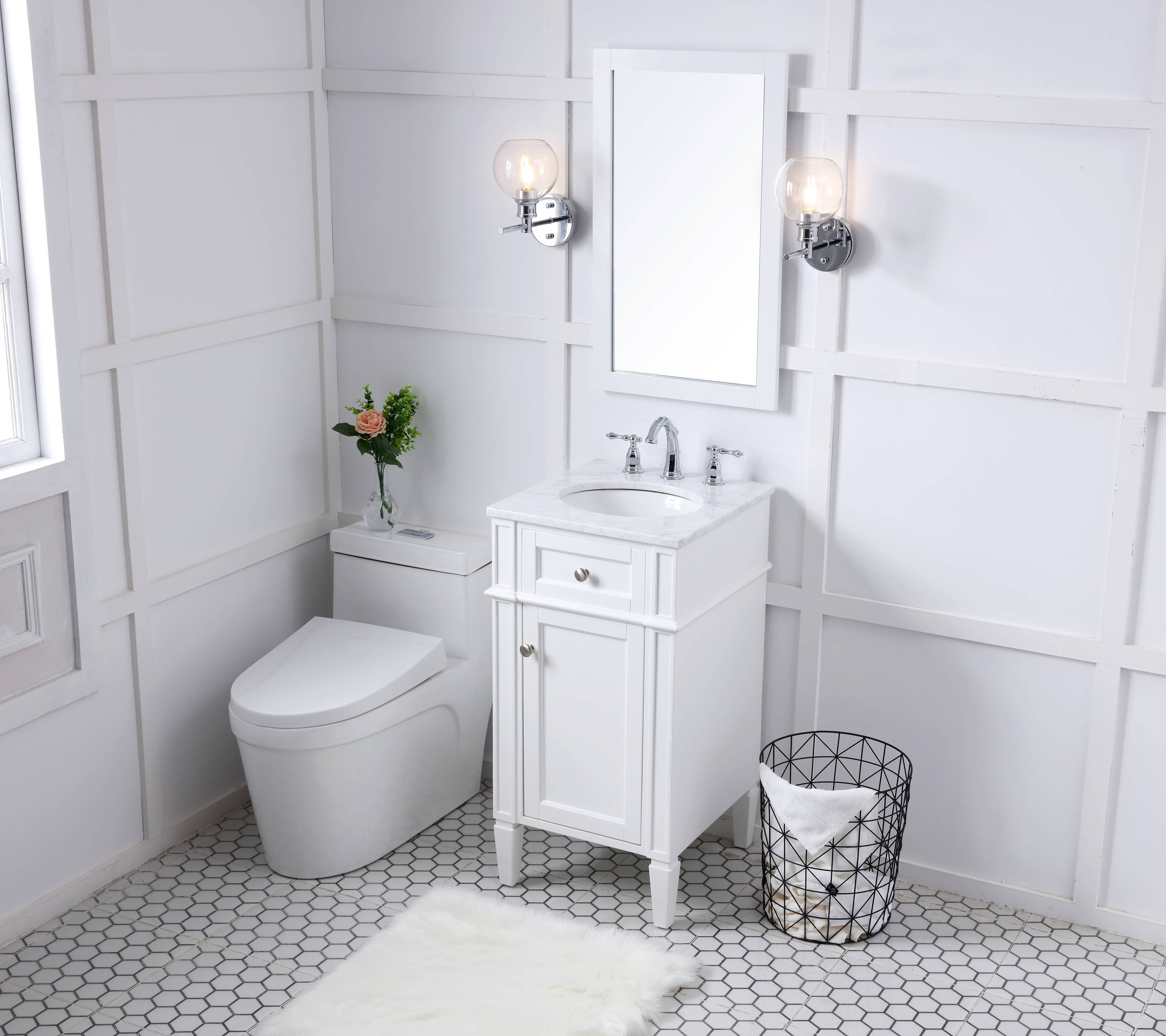 White Carrara Marble Single Sink Vanity with Storage Cabinet