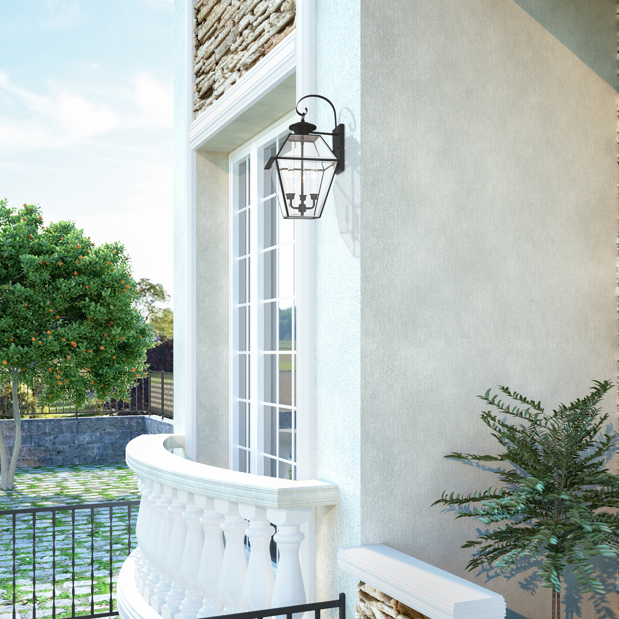 Charleston Elegance 3-Light Outdoor Wall Lantern in Black with Clear Beveled Glass
