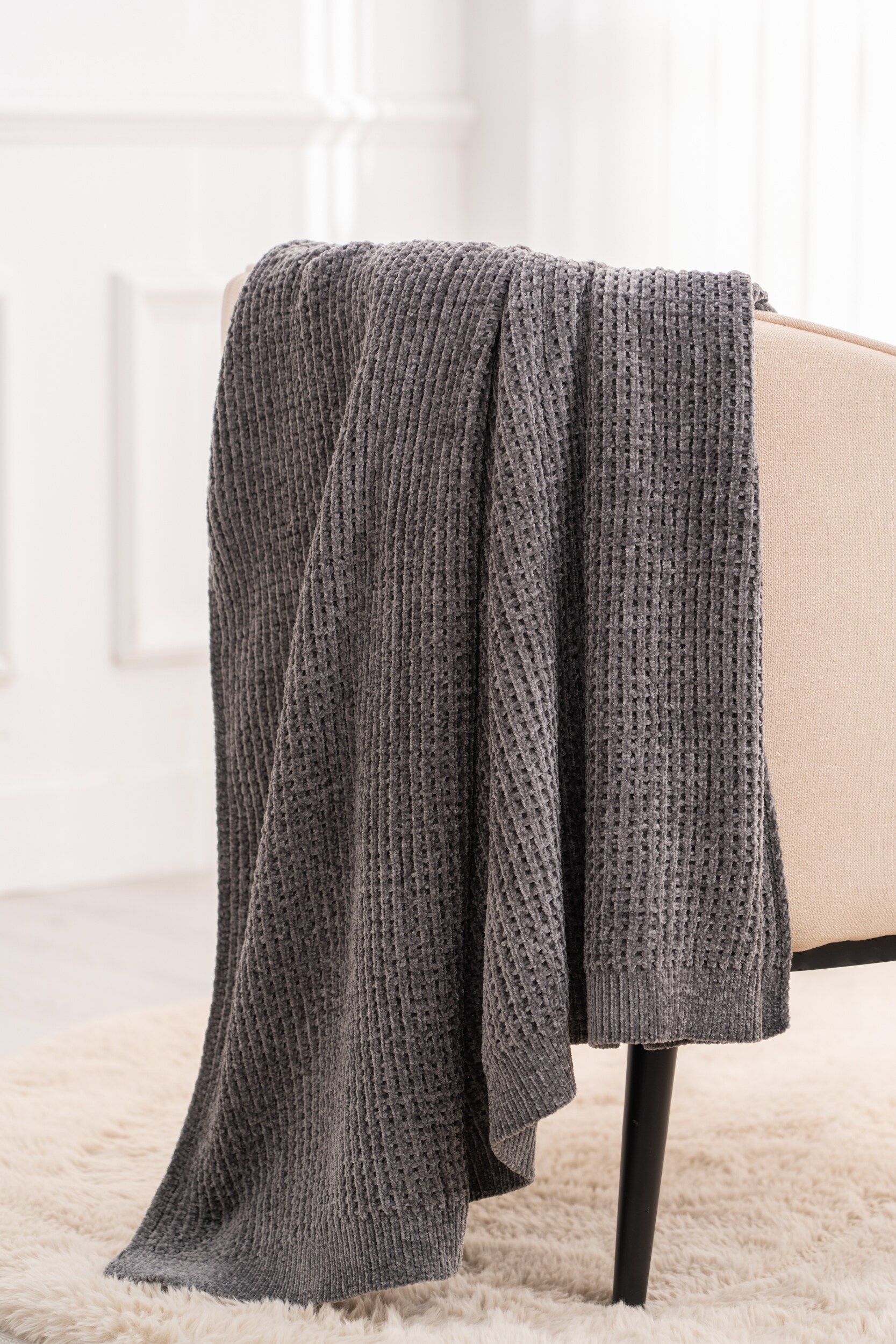 Gray Waffle Knit Cotton Reversible Throw Blanket