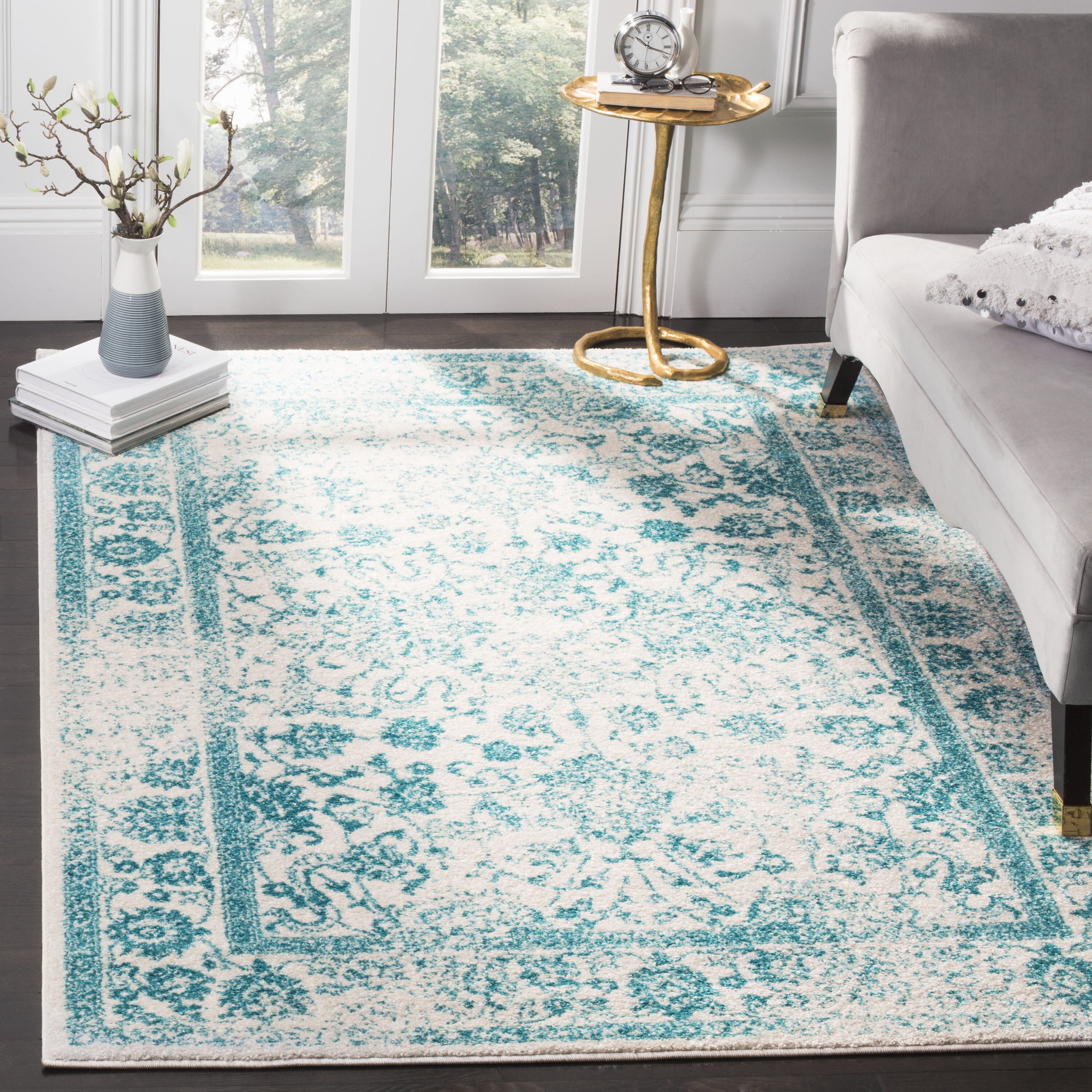 Safavieh ADR109D-3 Adirondack Kashan 3 x 5 (ft) Loomed Polypropylene Ivory/Teal Rectangular Indoor Distressed/Overdyed Vintage Throw rug