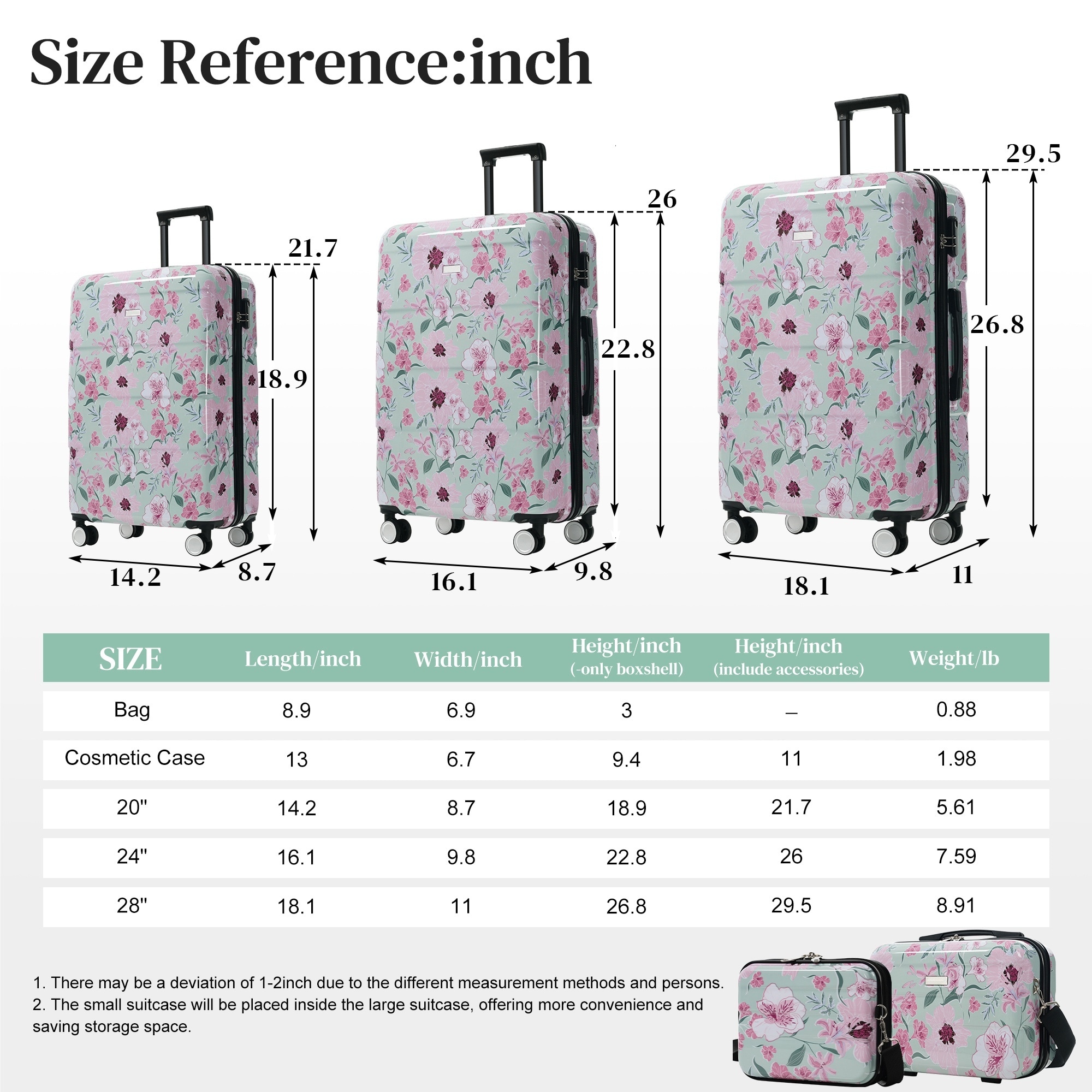 LIVACA 20 inch x 24 inch x 28 inch Green Pink Flower PC Hardside