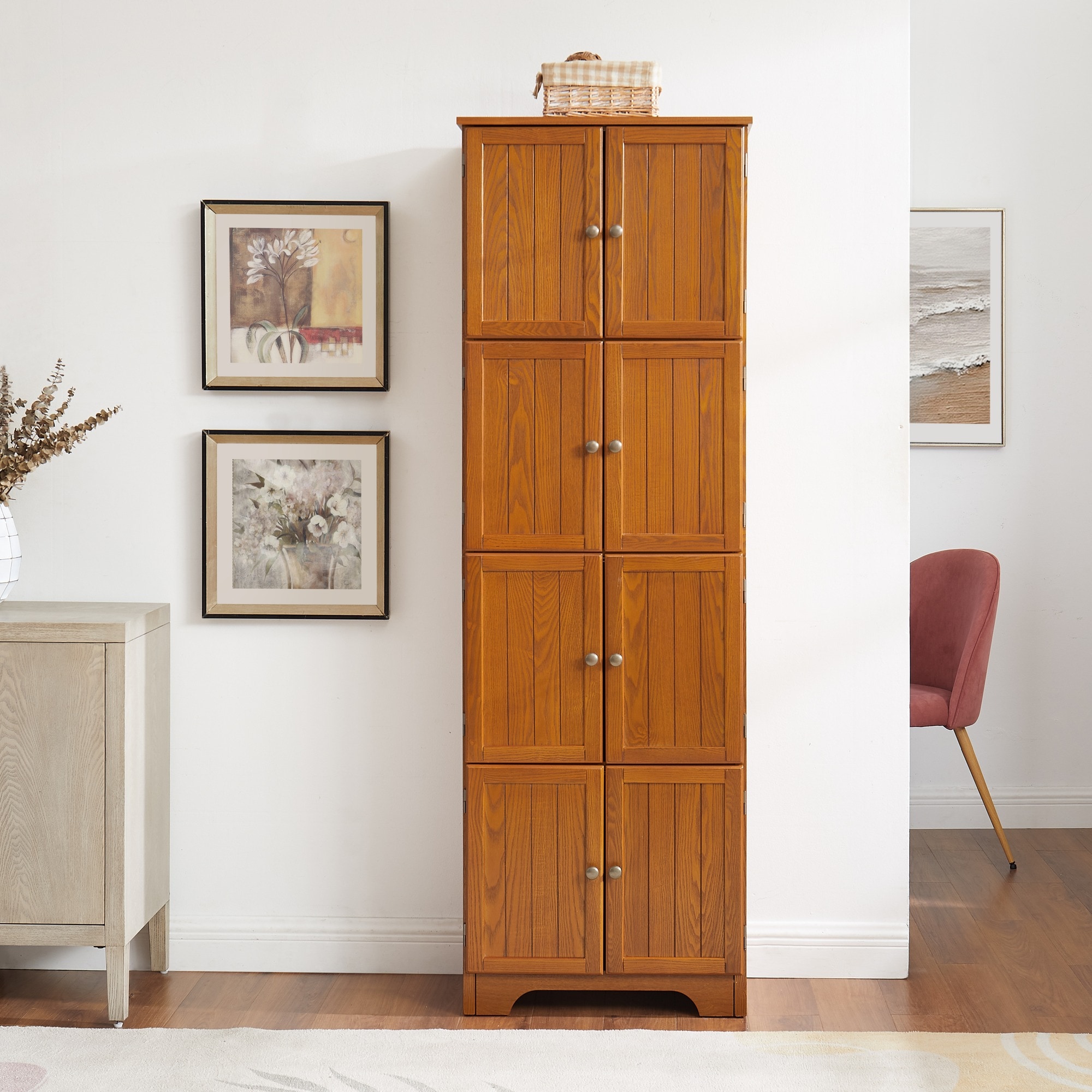 HyperDrop Cart 72 4 Tall Storage Cabinet with 8 Doors and 4 Shelves Oak MDF Freestanding Cabinet for Living Room Kitchen Office