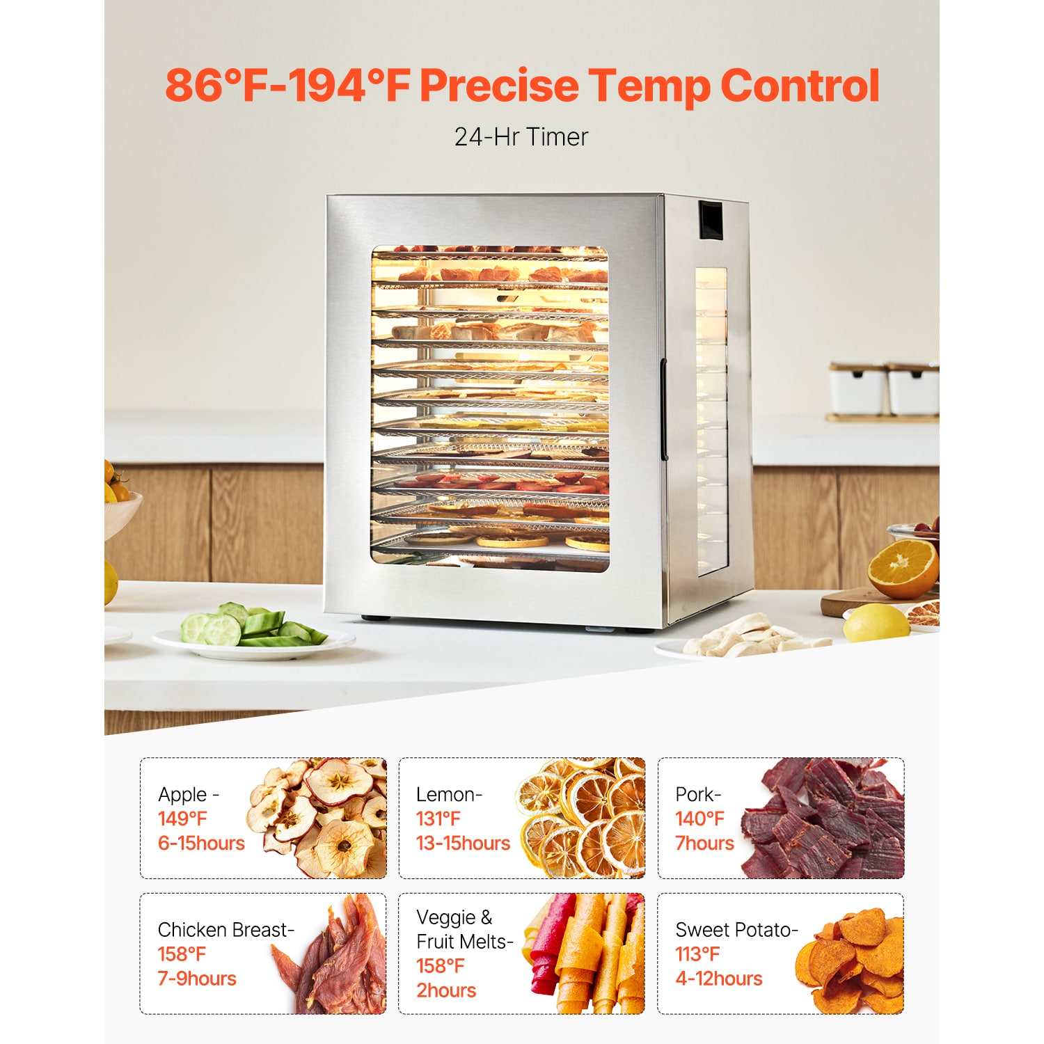 Stainless Steel 10-Tray Food Dehydrator with Adjustable Thermostat