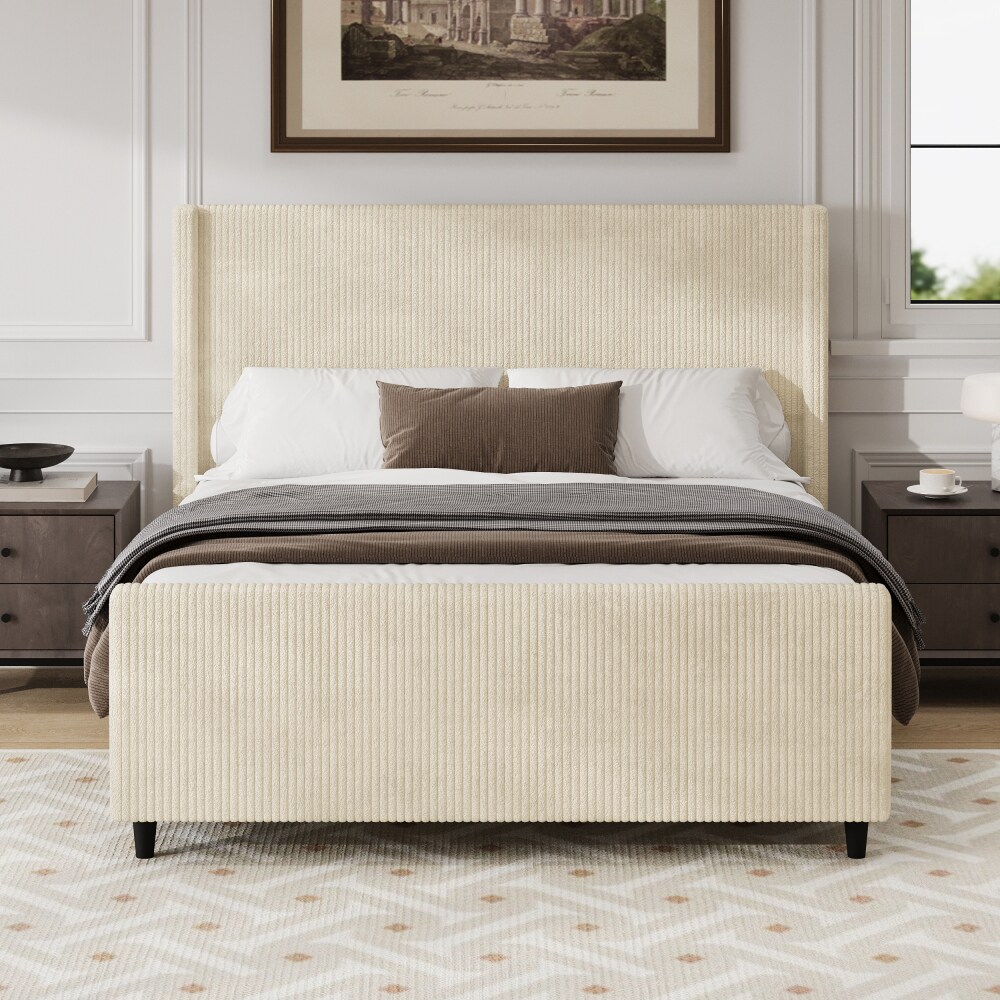 CHITA Tll Hedbord Corduroy Upholstered Bed Frme Verticl Stripe Wingbck ...