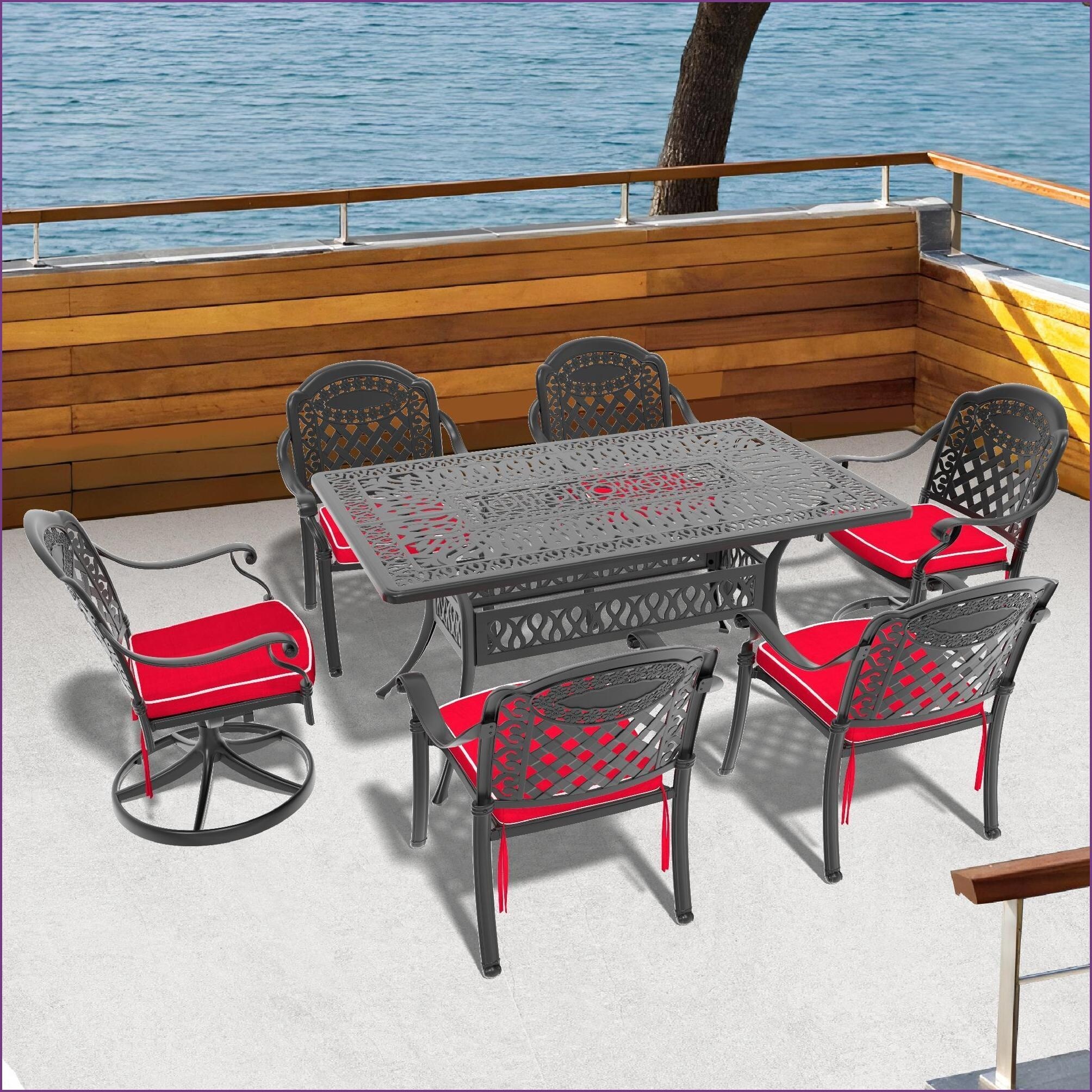 Watnature Patio Sets 7 Piece All Weather Cast Aluminum Dining Set Rectangular Table2 Swivel  and 4 Chairs  Black  Aluminum
