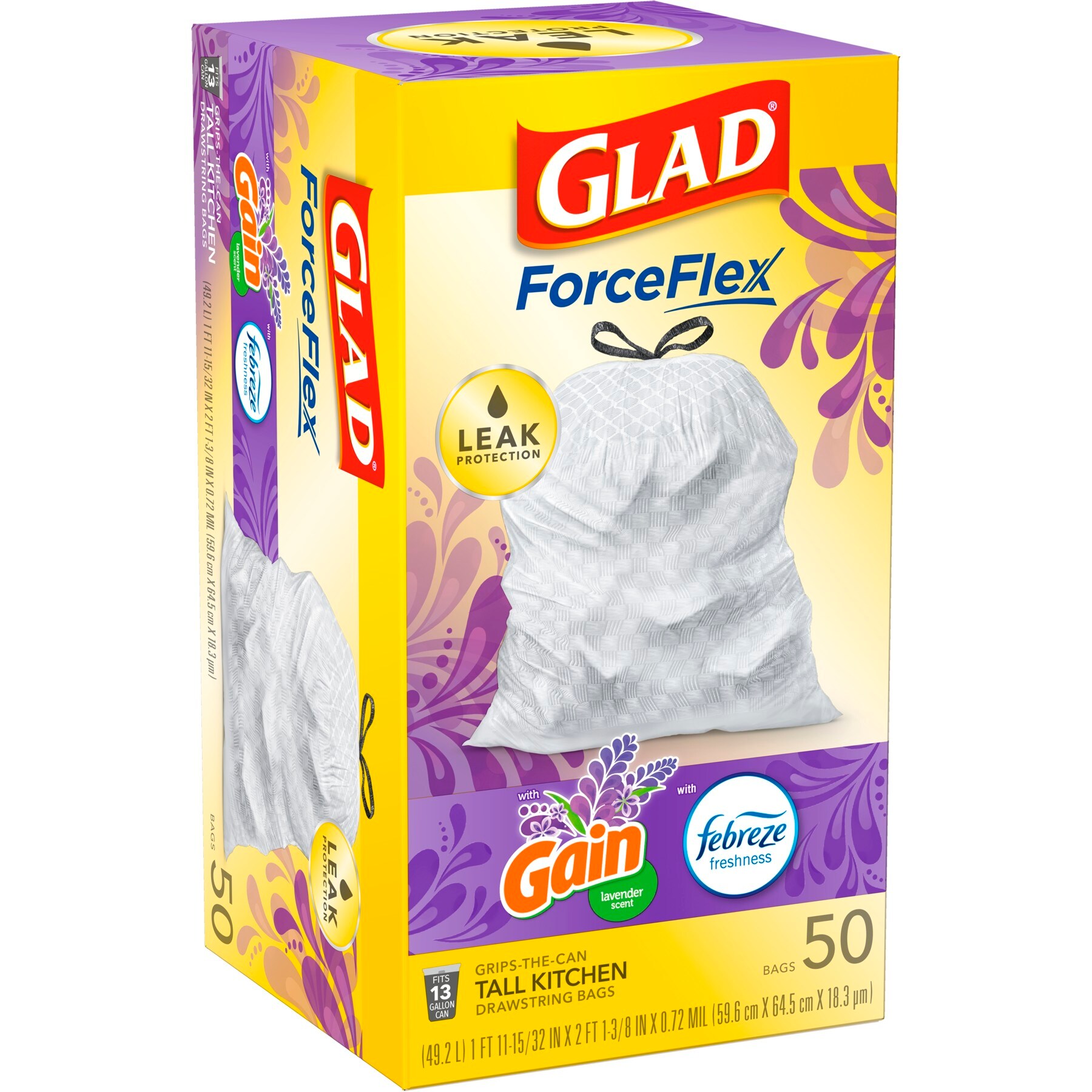 Glad ForceFlex 13 Gallon Kitchen Trash Bags, Gain Lavender Scent and  Febreze, 120 Bags