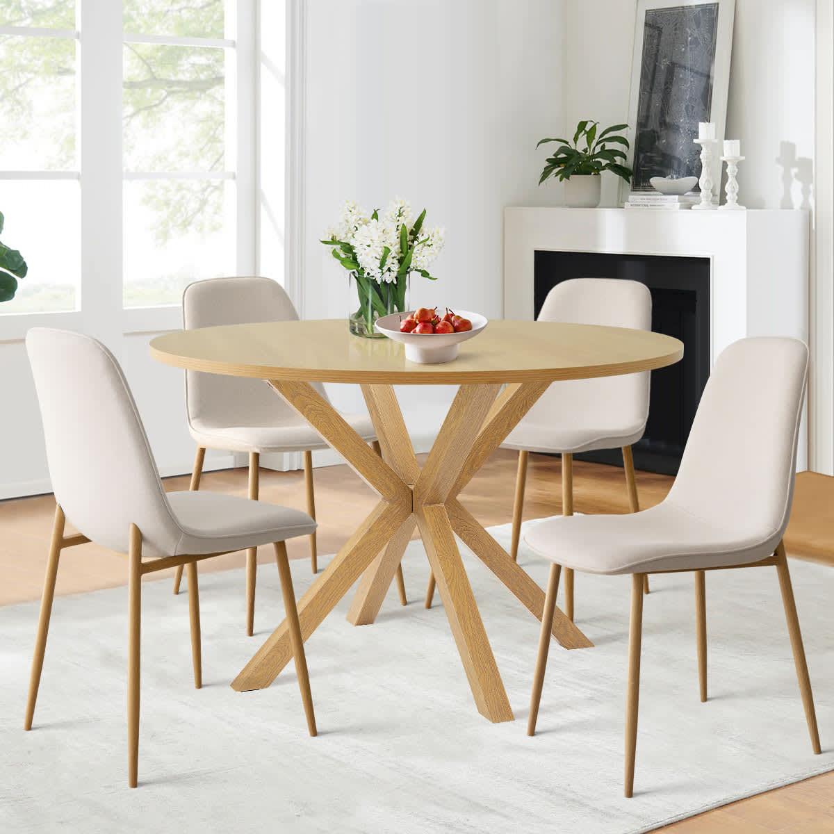 Maison Boucle 5-Piece Round Dining Table Set with Wood Grain Table and Beige Linen Chairs for Modern Dining Rooms