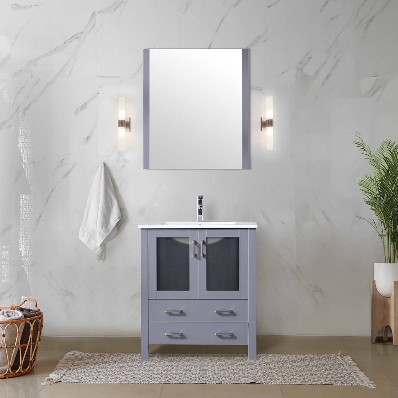 Lexora LV341830SBESM28F Volez 30-in Dark Grey Single sink Bathroom Vanity with White Ceramic Top (Mirror Included) (Faucet Included)