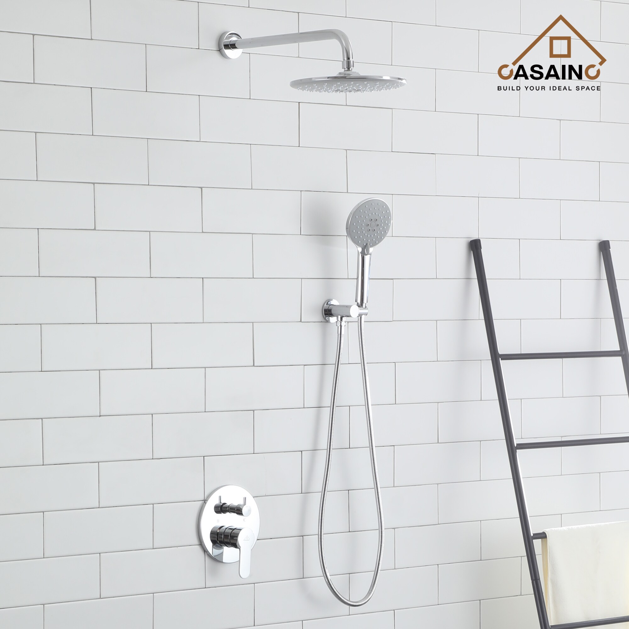 CASAINC Shower Systems Chrome Dual Head Waterfall Built-In Shower ...