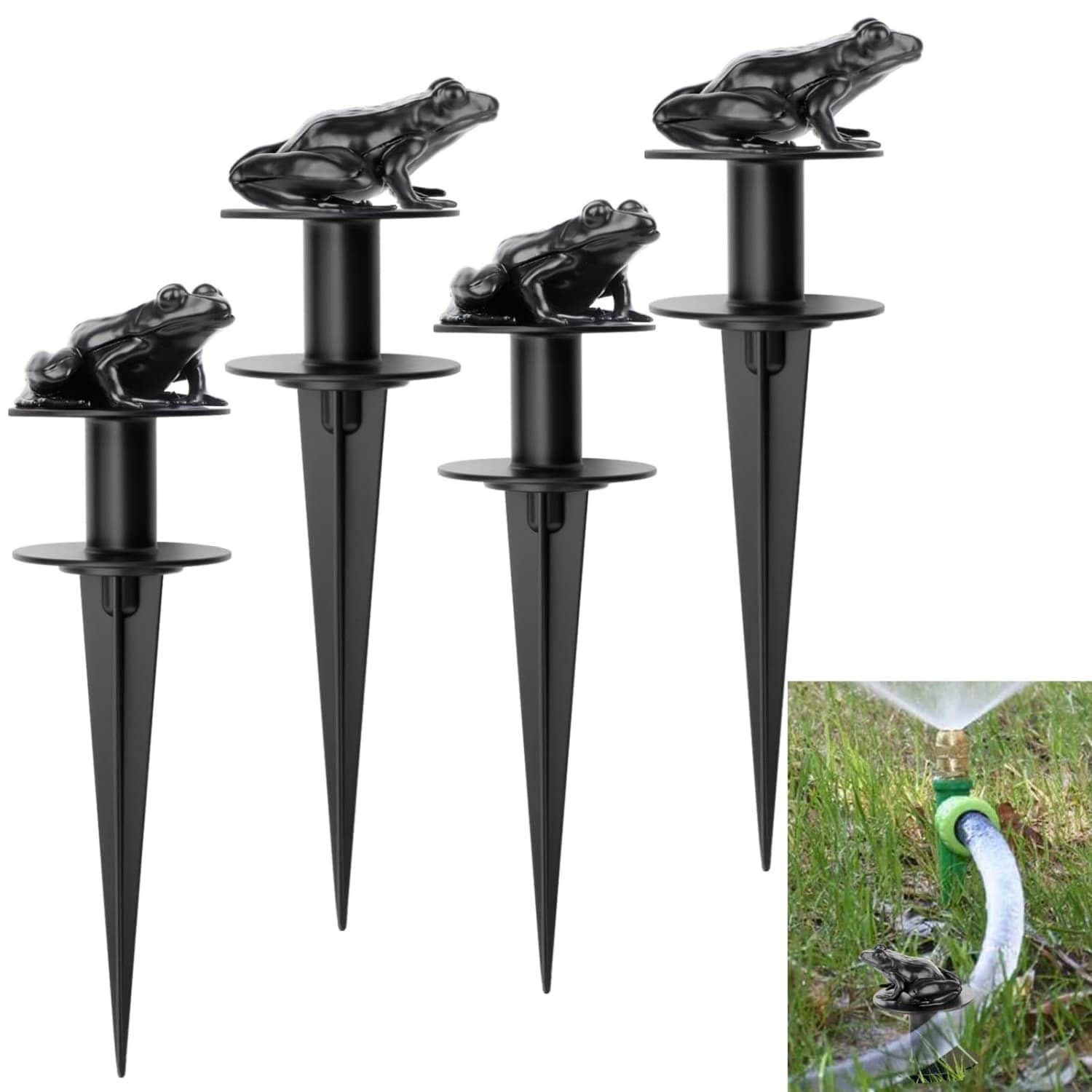Angel Sar - 8.46in L 2.61in W 4-Pack Frog-Shaped Black Metal Decorative Hose Guide Stakes