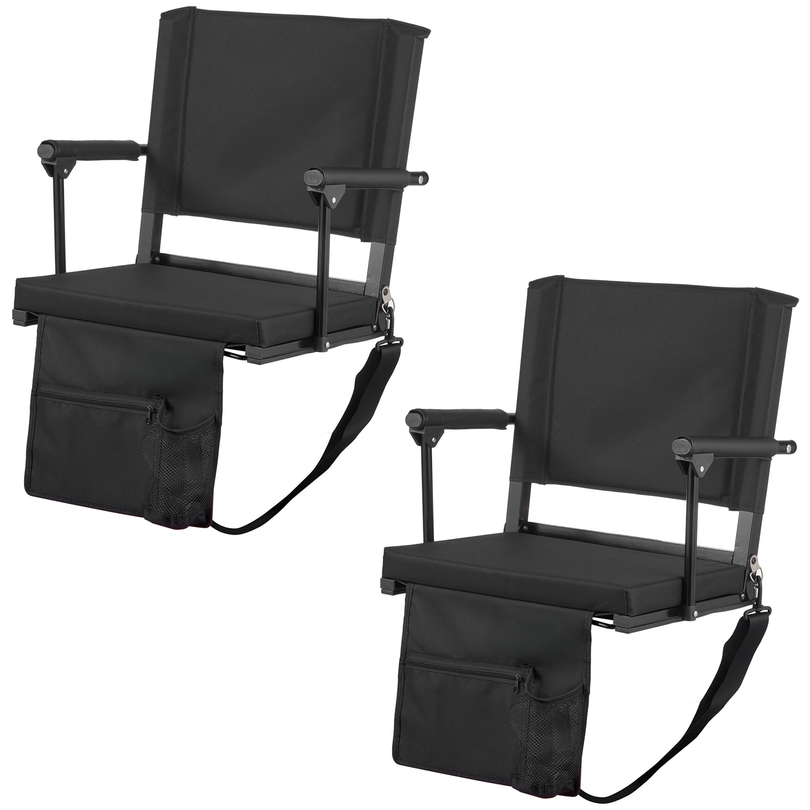VEVOR Stadium Seat Portable Bleacher Seat with Armrest Back Support and Thick Cushion Bench Chair for Bleacher Includes Shoulder Strap Hooks Cup Holder Black Football Bleachers Seats 2PCS