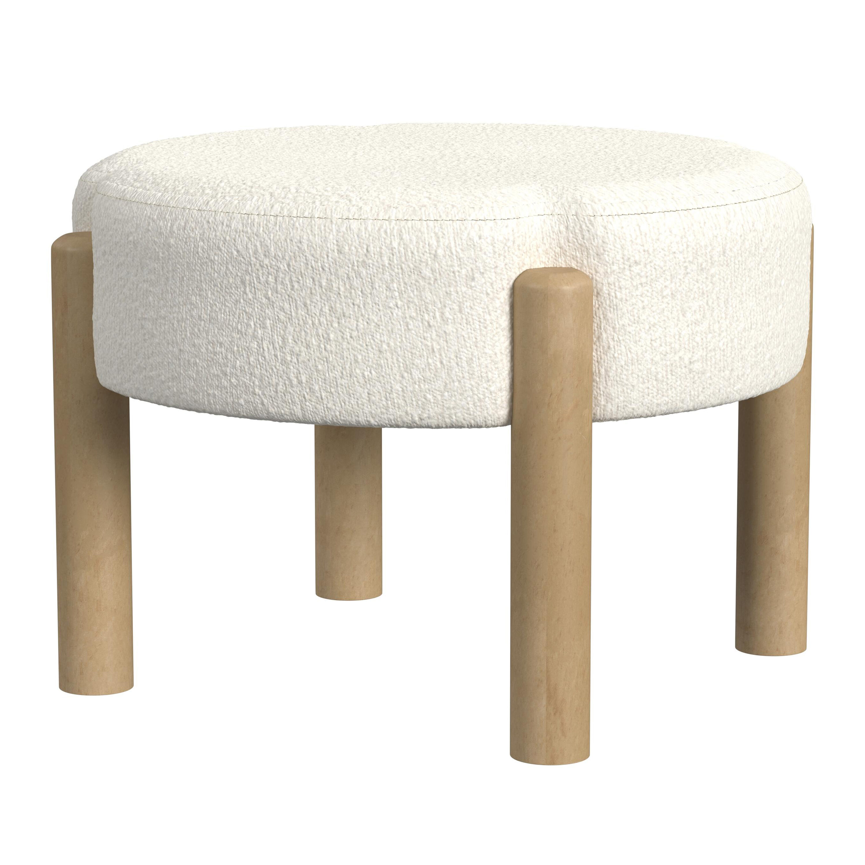 Nordic Off-White Boucle Round Ottoman with Wooden Legs