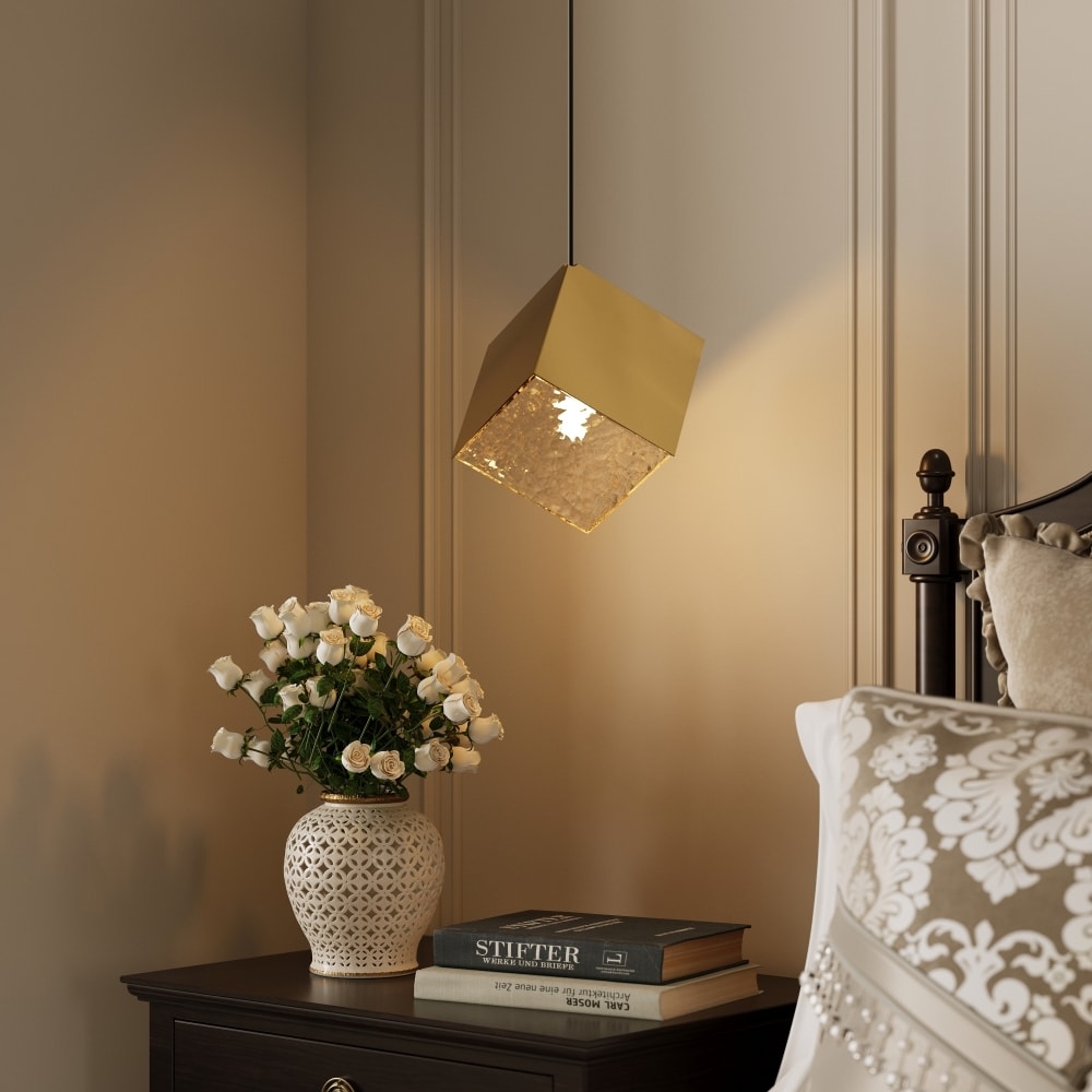 FDPBY Single Light Square Island Pendant with Hammered Glass Shade in Brushed Gold